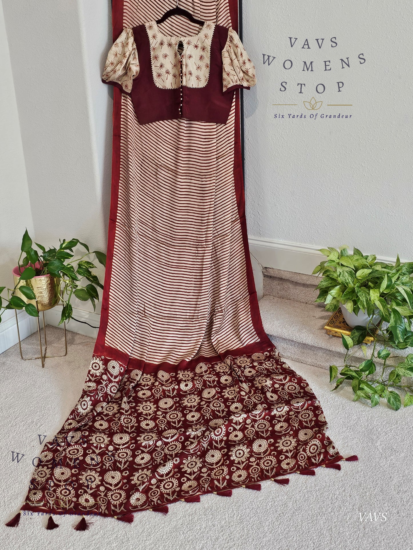 Designer Soft Modal Silk Stripes Saree - Puff Sleeves Patterned Blouse – Ready To Ship