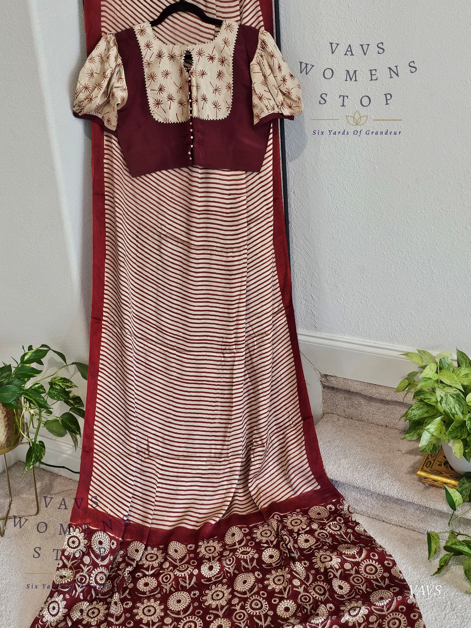Designer Soft Modal Silk Stripes Saree - Puff Sleeves Patterned Blouse – Ready To Ship