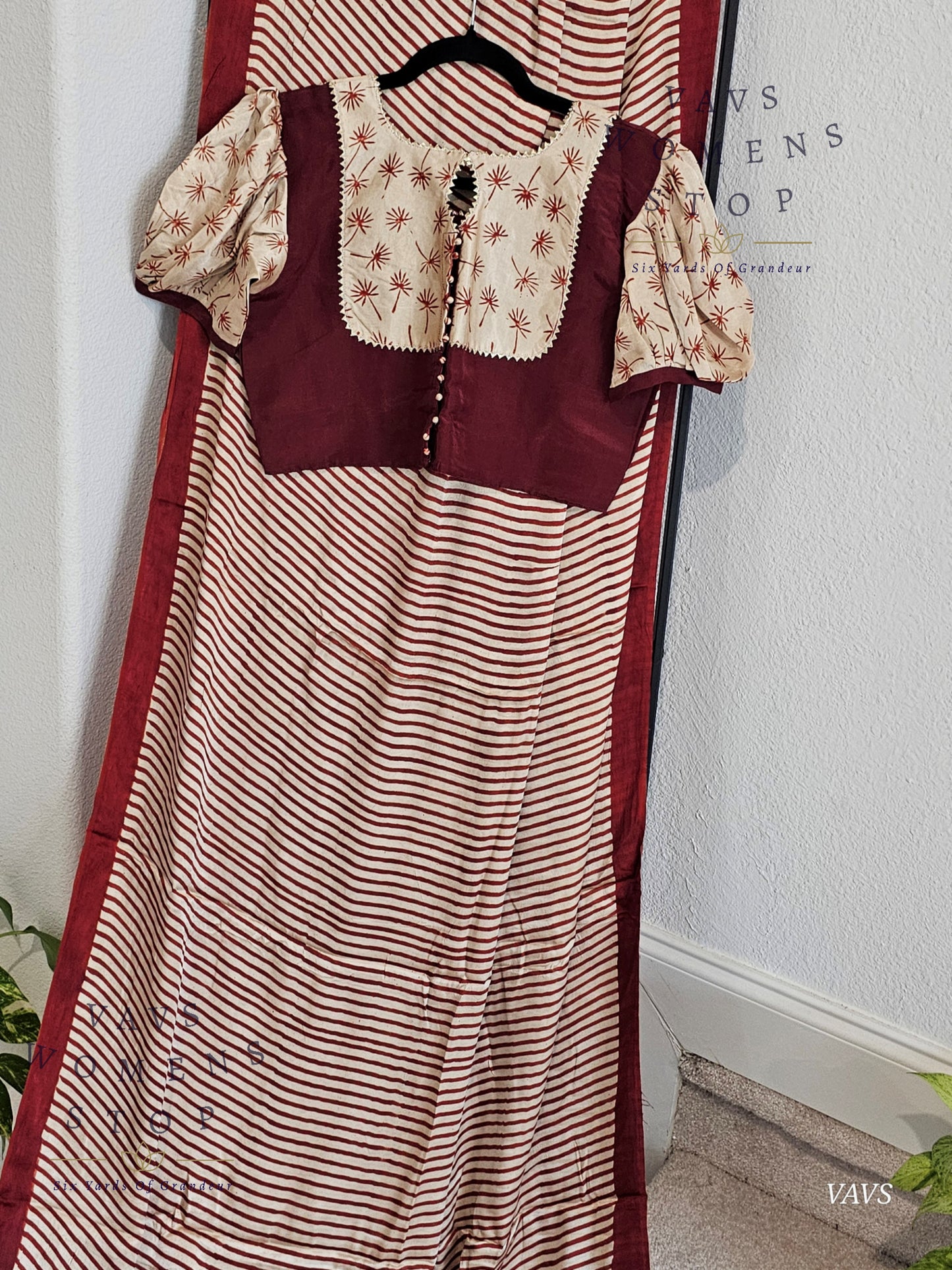 Designer Soft Modal Silk Stripes Saree - Puff Sleeves Patterned Blouse – Ready To Ship