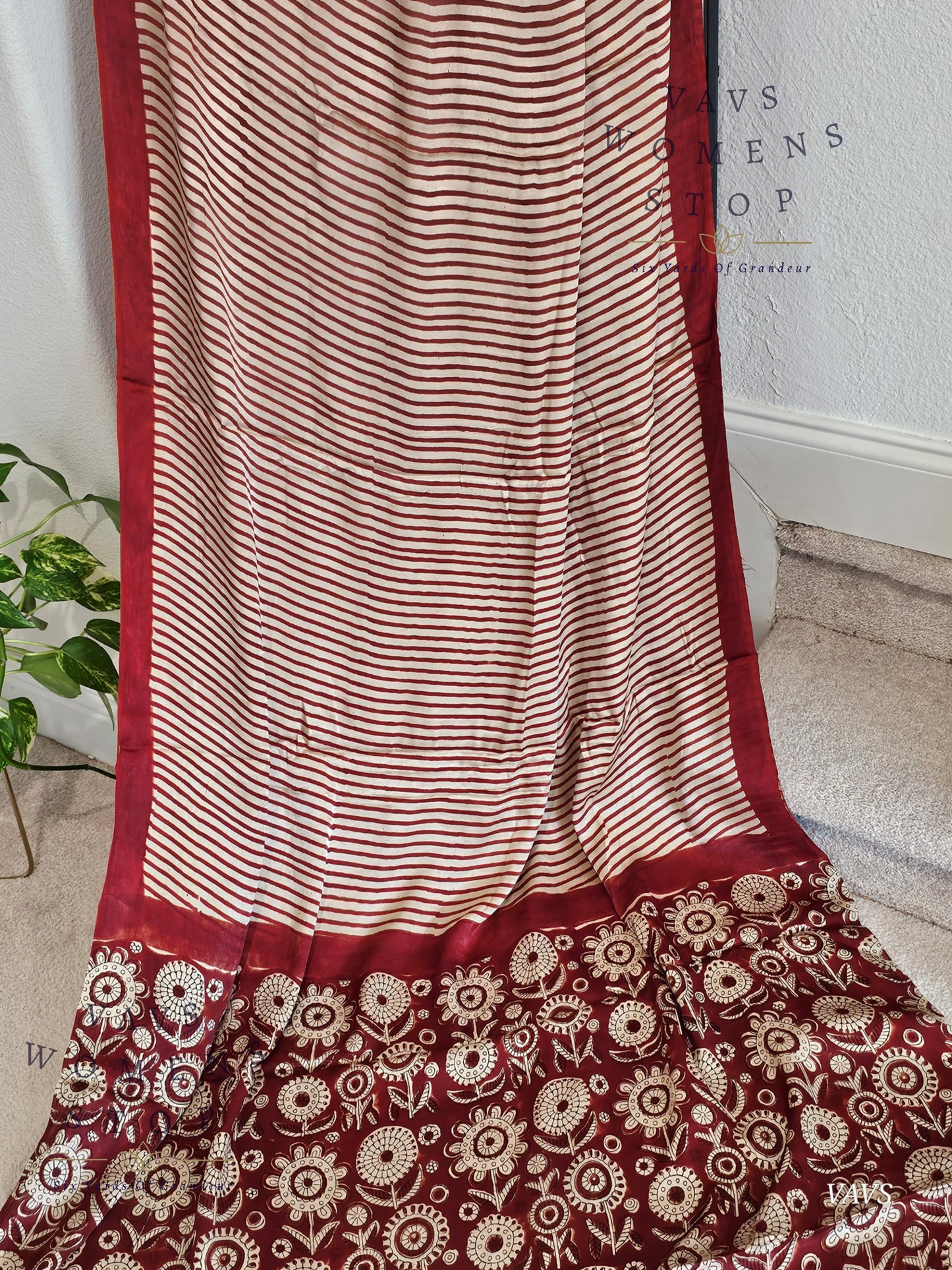 Designer Soft Modal Silk Stripes Saree - Puff Sleeves Patterned Blouse – Ready To Ship
