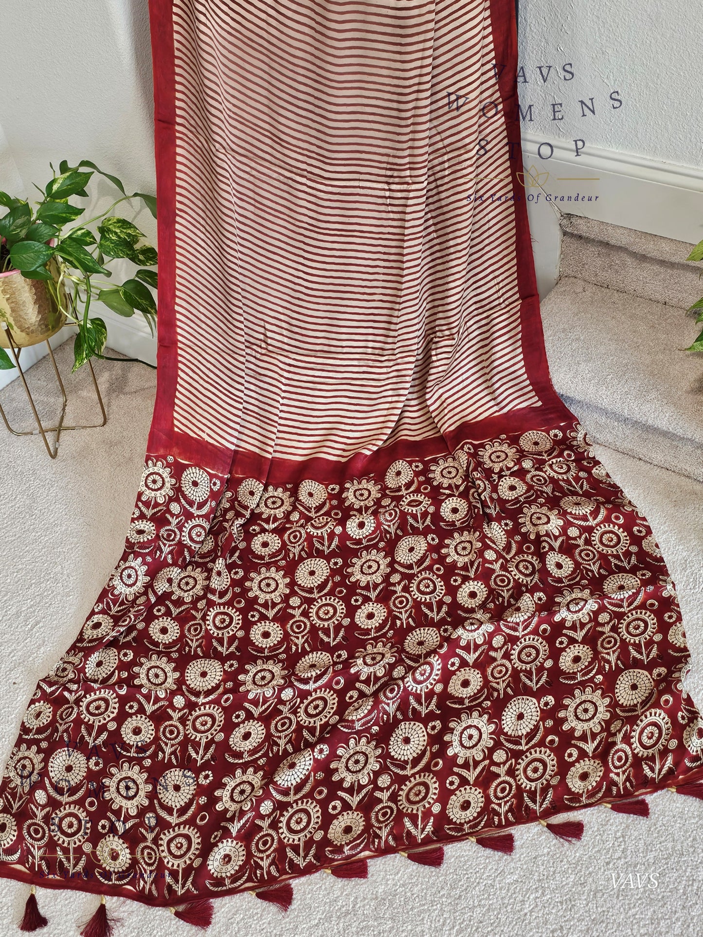 Designer Soft Modal Silk Stripes Saree - Puff Sleeves Patterned Blouse – Ready To Ship