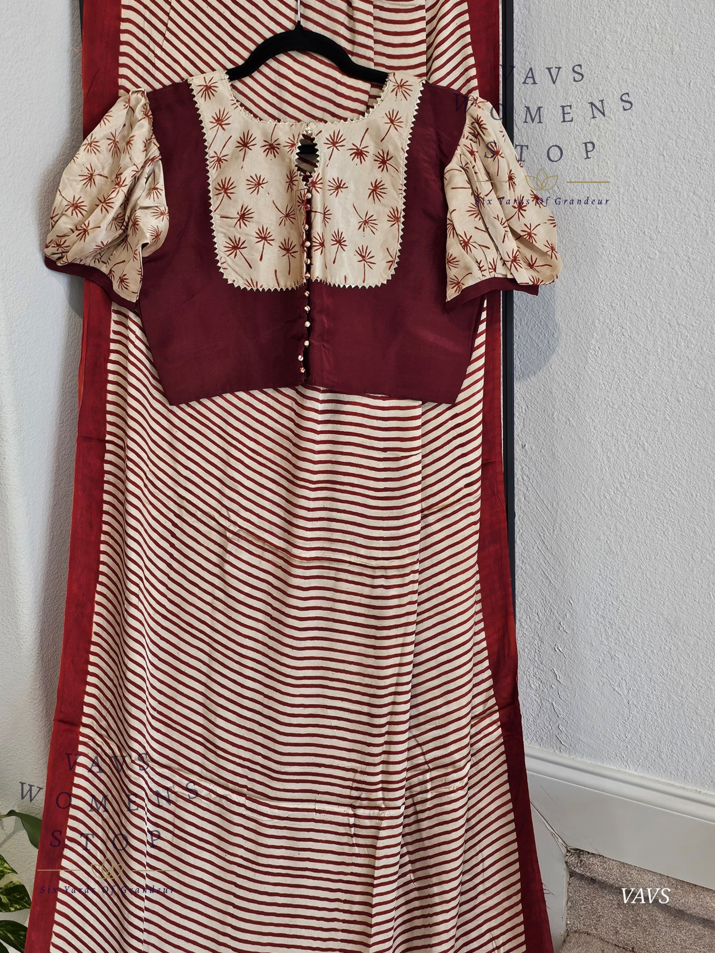 Designer Soft Modal Silk Stripes Saree - Puff Sleeves Patterned Blouse – Ready To Ship