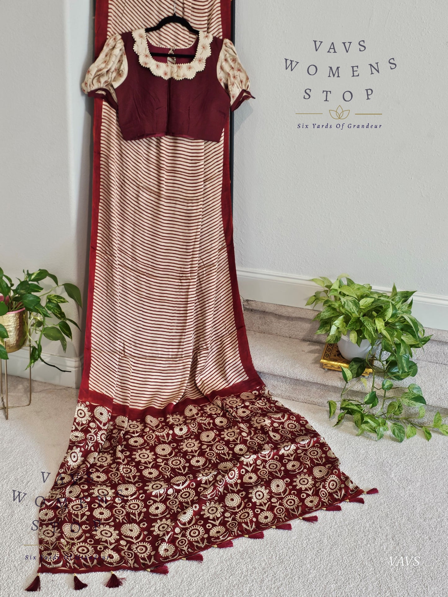 Designer Soft Modal Silk Stripes Saree - Puff Sleeves Patterned Blouse – Ready To Ship