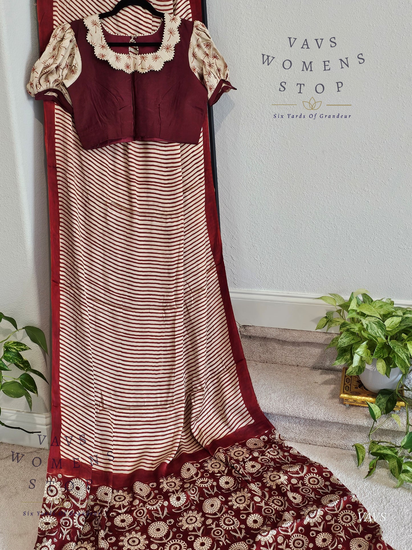 Designer Soft Modal Silk Stripes Saree - Puff Sleeves Patterned Blouse – Ready To Ship