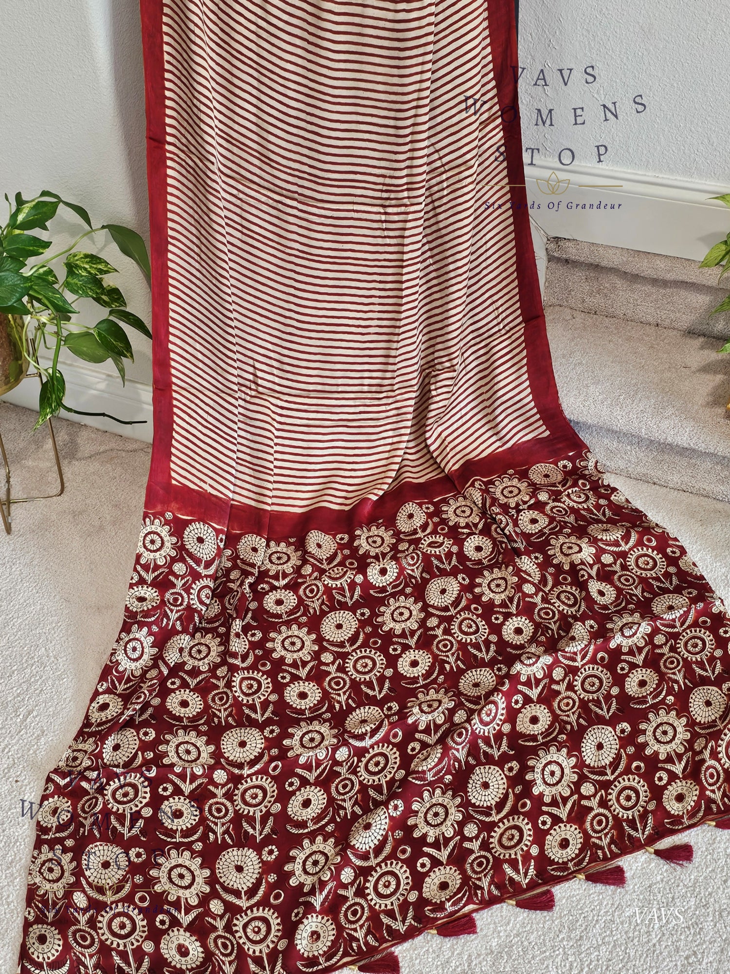 Designer Soft Modal Silk Stripes Saree - Puff Sleeves Patterned Blouse – Ready To Ship