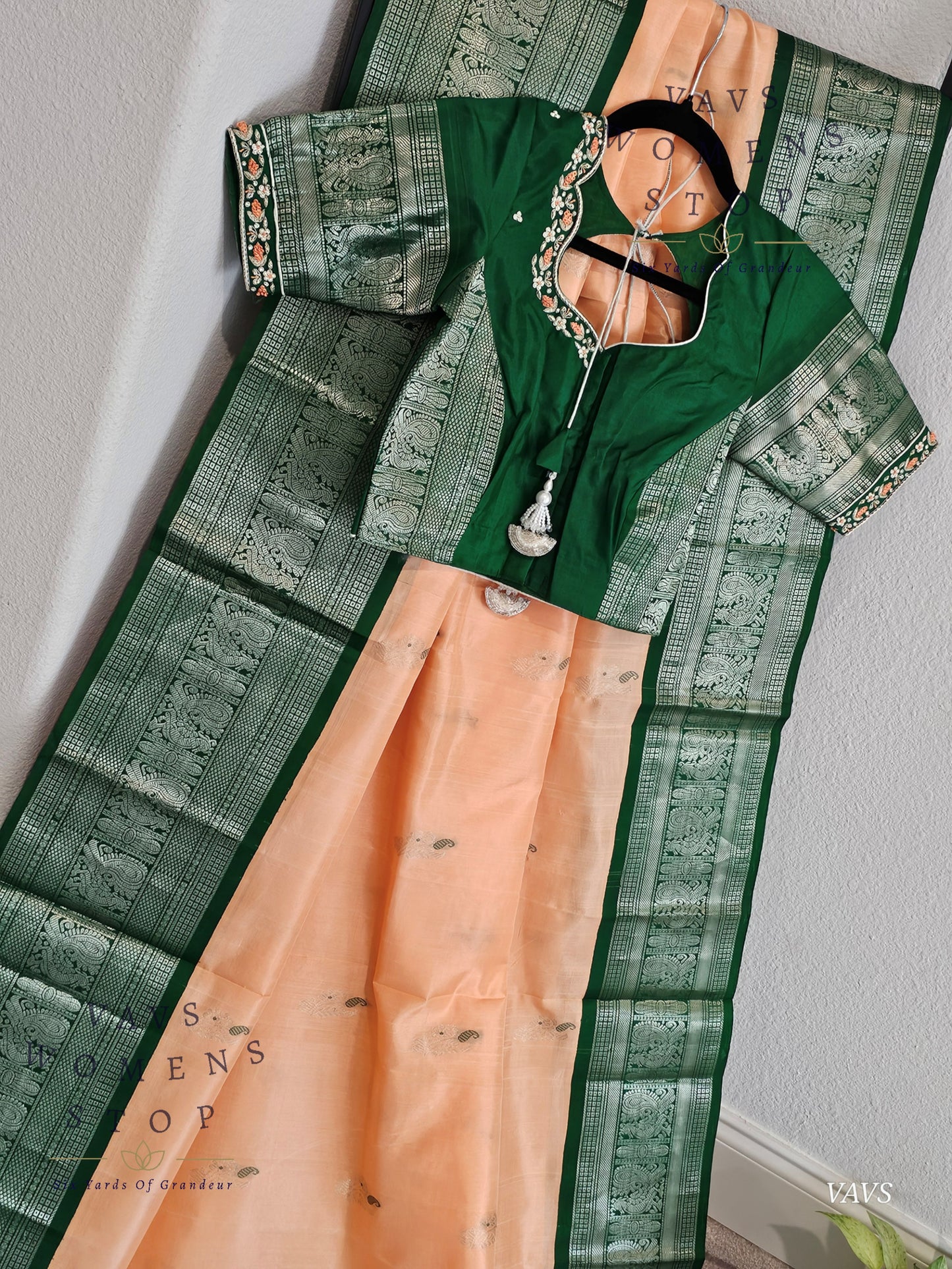 green and peach saree kanchi silk saree

 