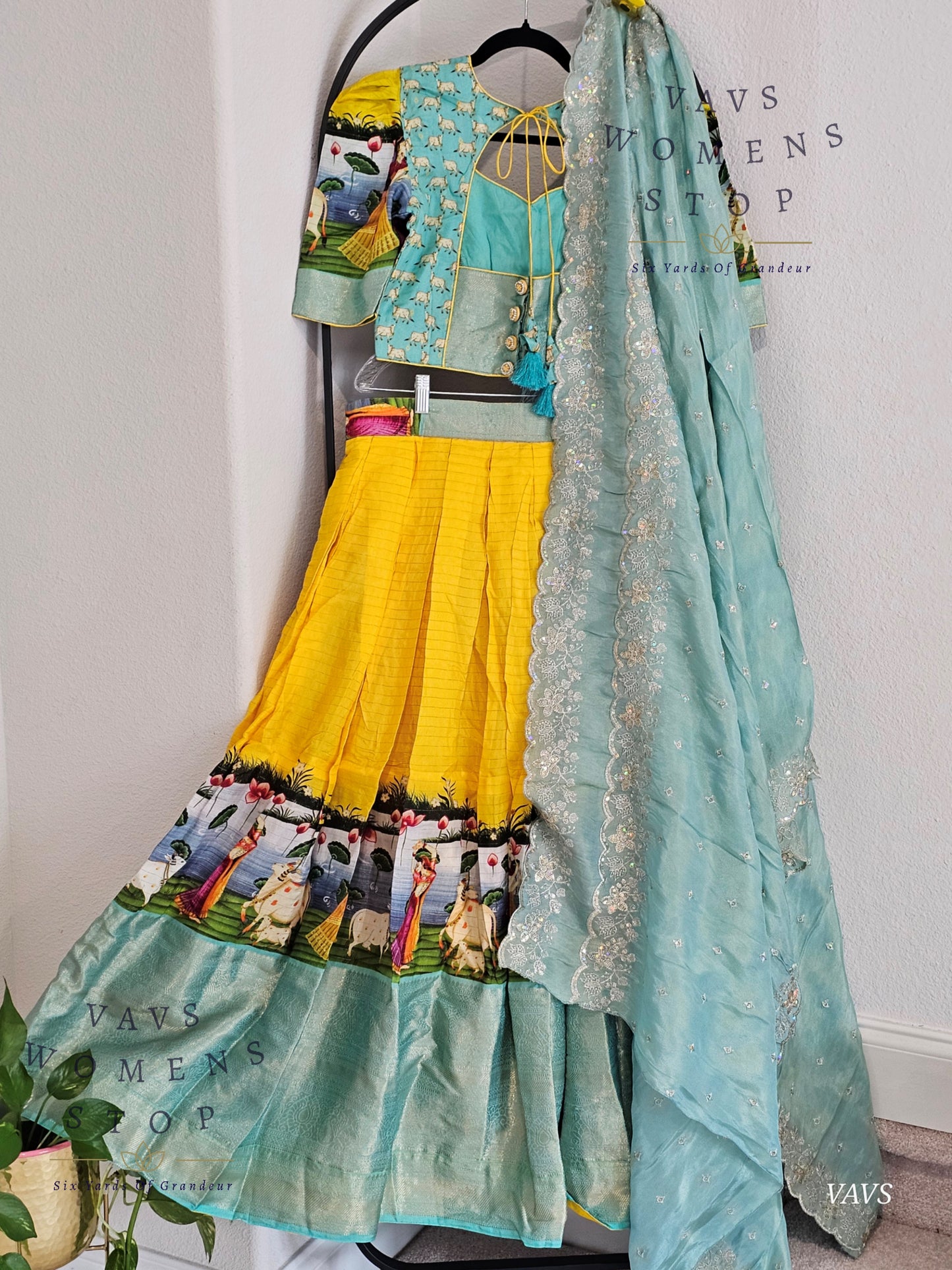 Yellow & Sea Blue Benarasi Silk Pichwai Print Half Saree Set – Festive & Party Wear Traditional Outfit