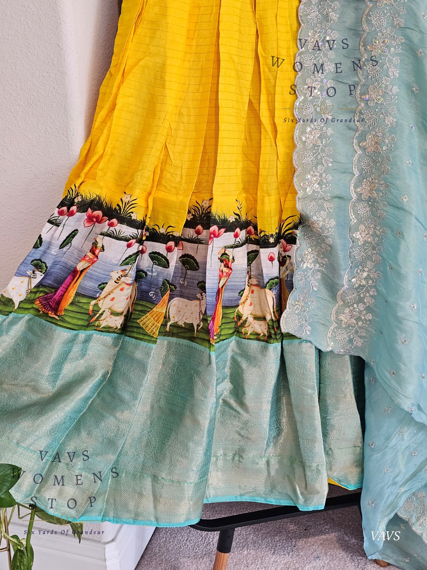 Yellow & Sea Blue Benarasi Silk Pichwai Print Half Saree Set – Festive & Party Wear Traditional Outfit