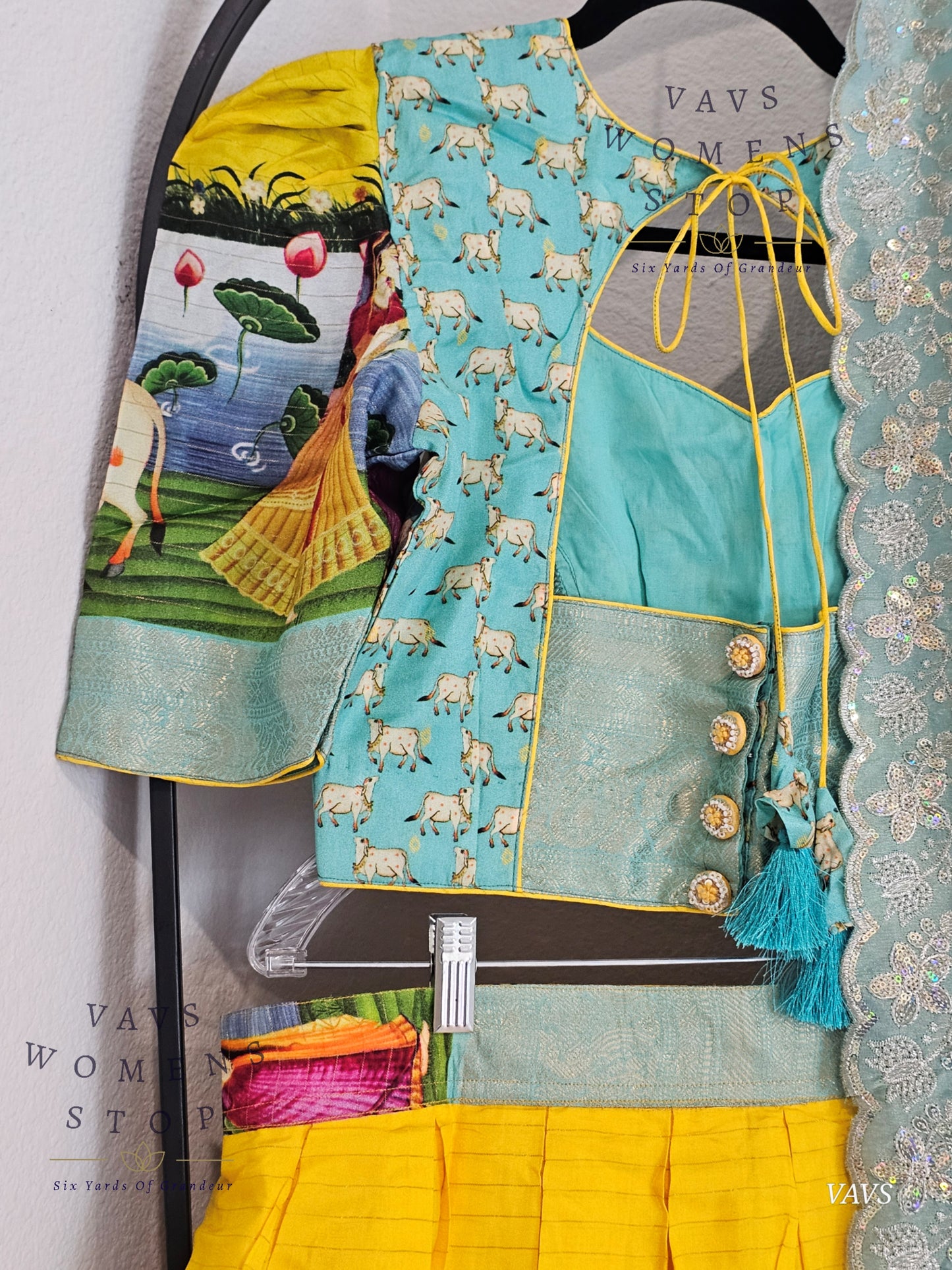 Yellow & Sea Blue Benarasi Silk Pichwai Print Half Saree Set – Festive & Party Wear Traditional Outfit