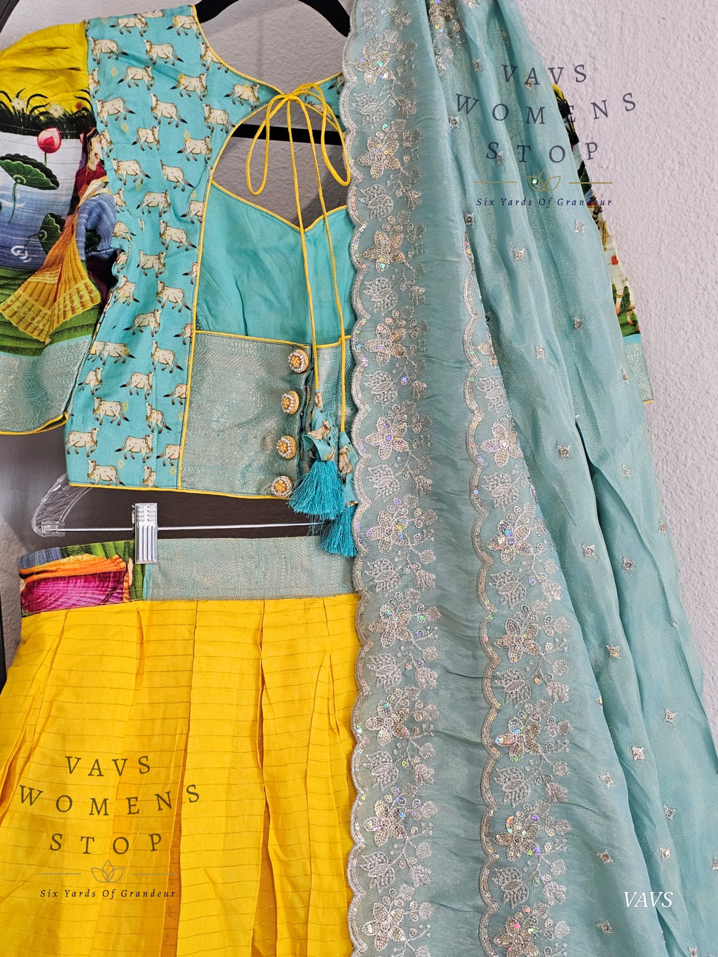 Yellow & Sea Blue Benarasi Silk Pichwai Print Half Saree Set – Festive & Party Wear Traditional Outfit