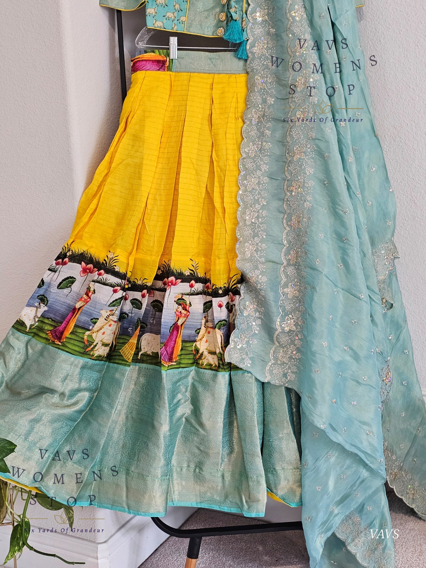 Yellow & Sea Blue Benarasi Silk Pichwai Print Half Saree Set – Festive & Party Wear Traditional Outfit