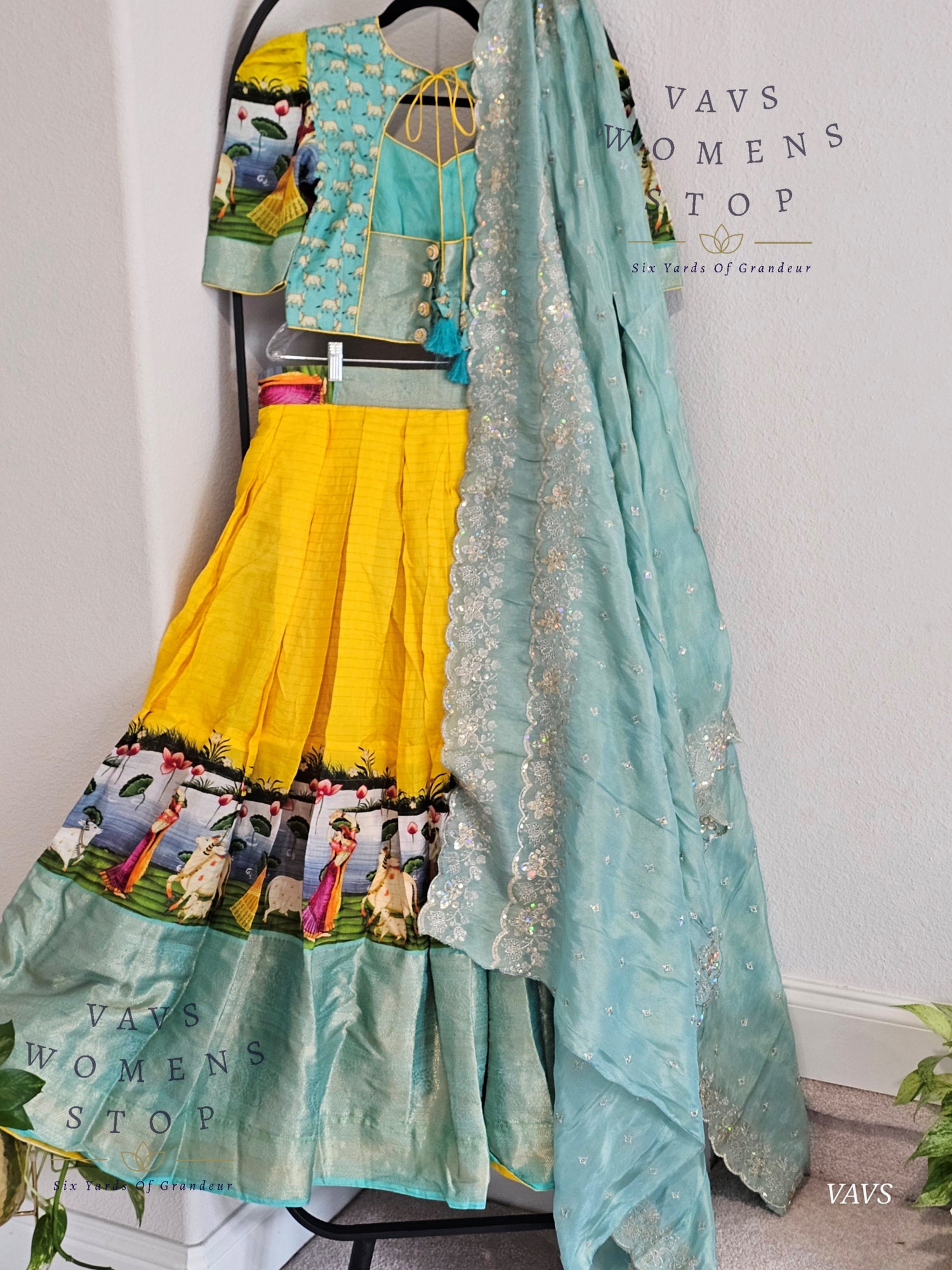 Yellow & Sea Blue Benarasi Silk Pichwai Print Half Saree Set – Festive & Party Wear Traditional Outfit