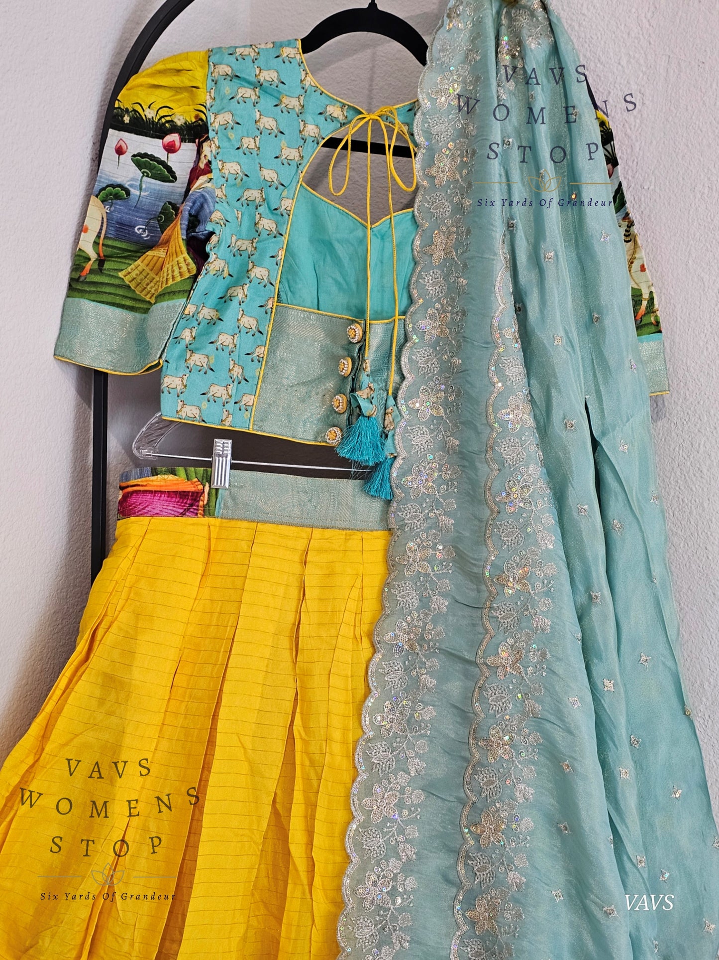 Yellow & Sea Blue Benarasi Silk Pichwai Print Half Saree Set – Festive & Party Wear Traditional Outfit