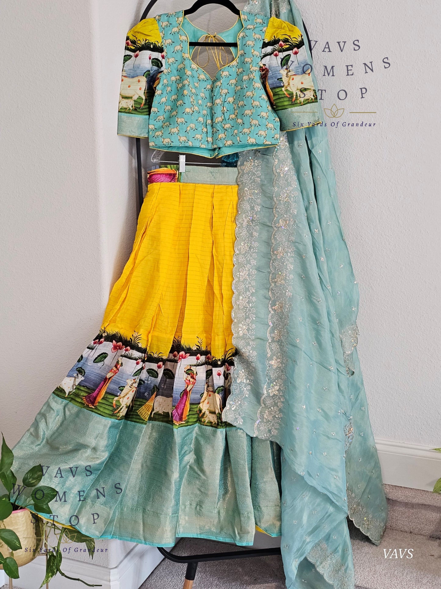 Yellow & Sea Blue Benarasi Silk Pichwai Print Half Saree Set – Festive & Party Wear Traditional Outfit