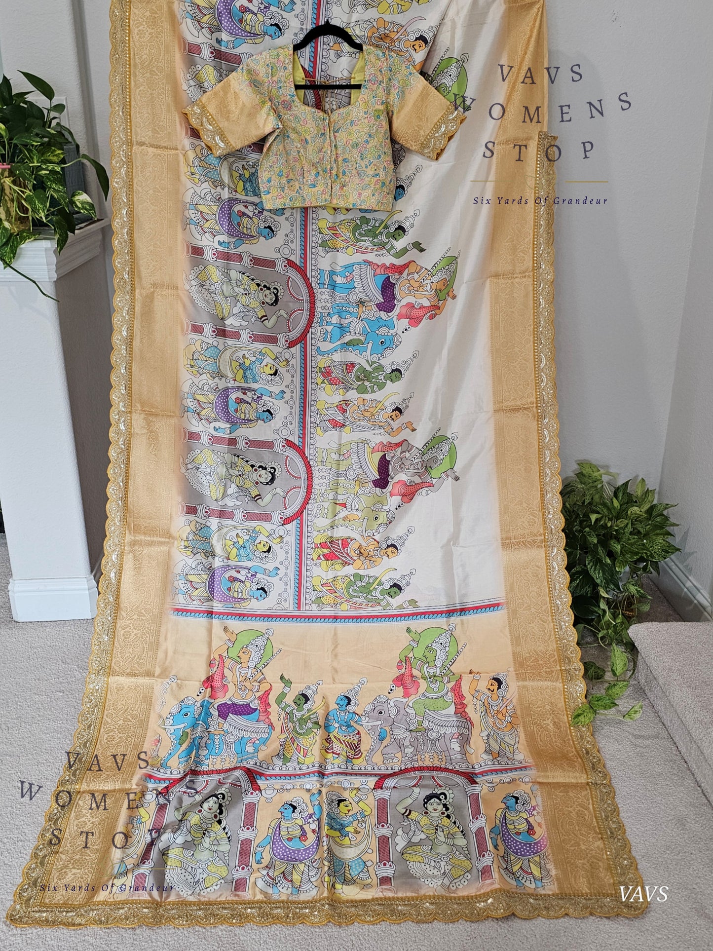 Semi Banarasi Silk Saree with Kalamkari Print & Attached Border – Elegant Designer Saree with Blouse | Festive & Party Wear