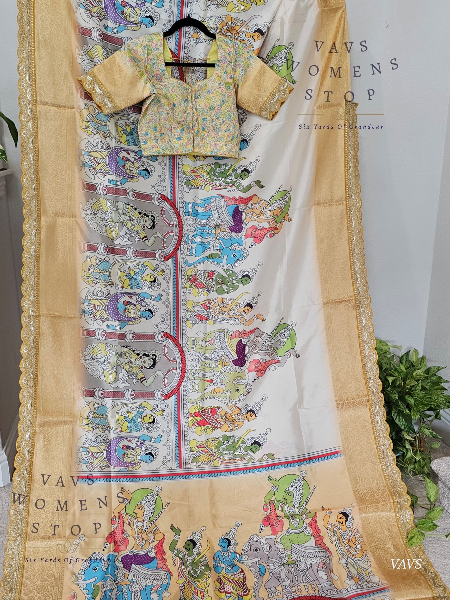 Semi Banarasi Silk Saree with Kalamkari Print & Attached Border – Elegant Designer Saree with Blouse | Festive & Party Wear