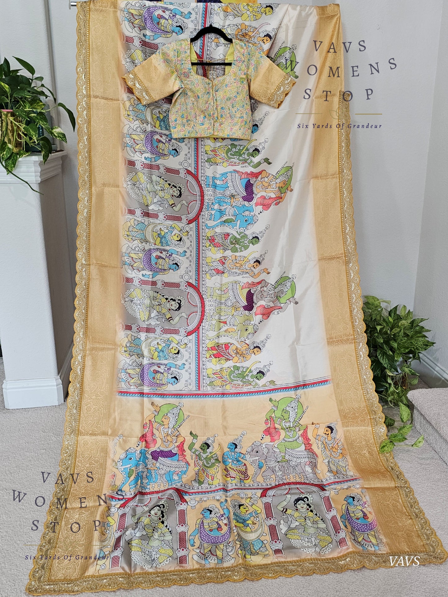 Semi Banarasi Silk Saree with Kalamkari Print & Attached Border – Elegant Designer Saree with Blouse | Festive & Party Wear