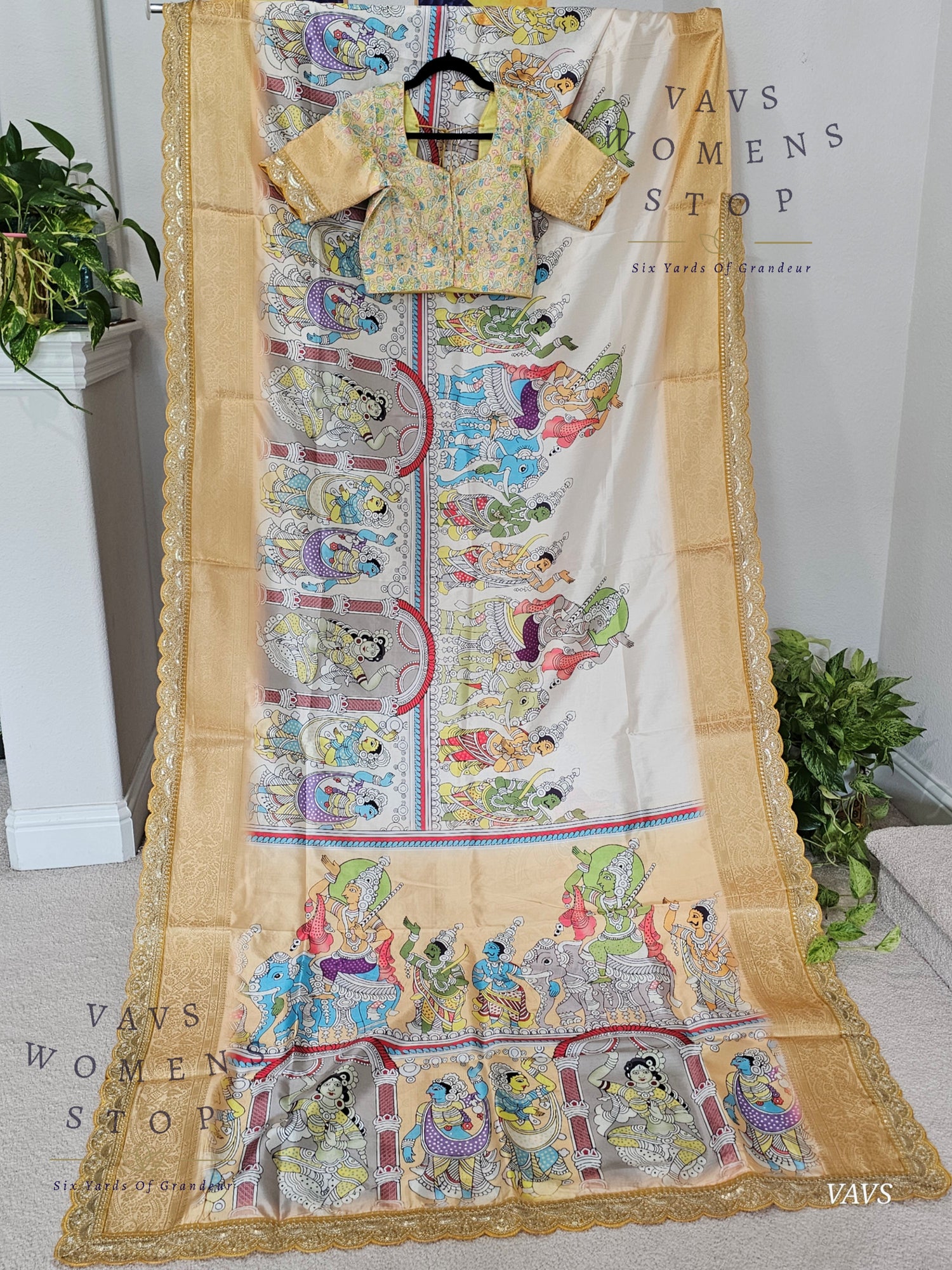 Semi Banarasi Silk Saree with Kalamkari Print & Attached Border – Elegant Designer Saree with Blouse | Festive & Party Wear