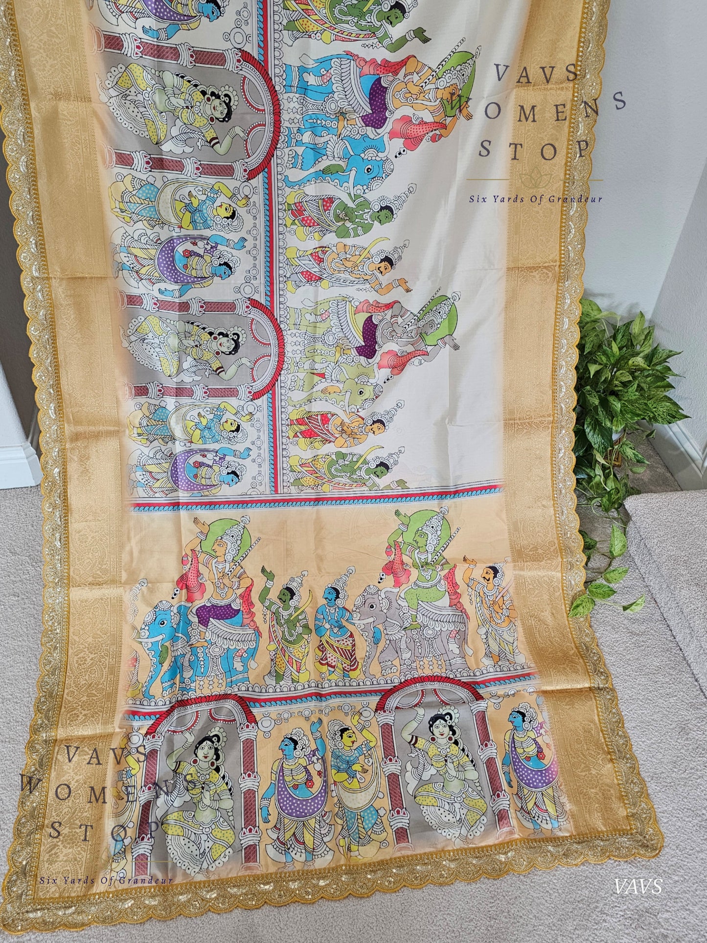Semi Banarasi Silk Saree with Kalamkari Print & Attached Border – Elegant Designer Saree with Blouse | Festive & Party Wear