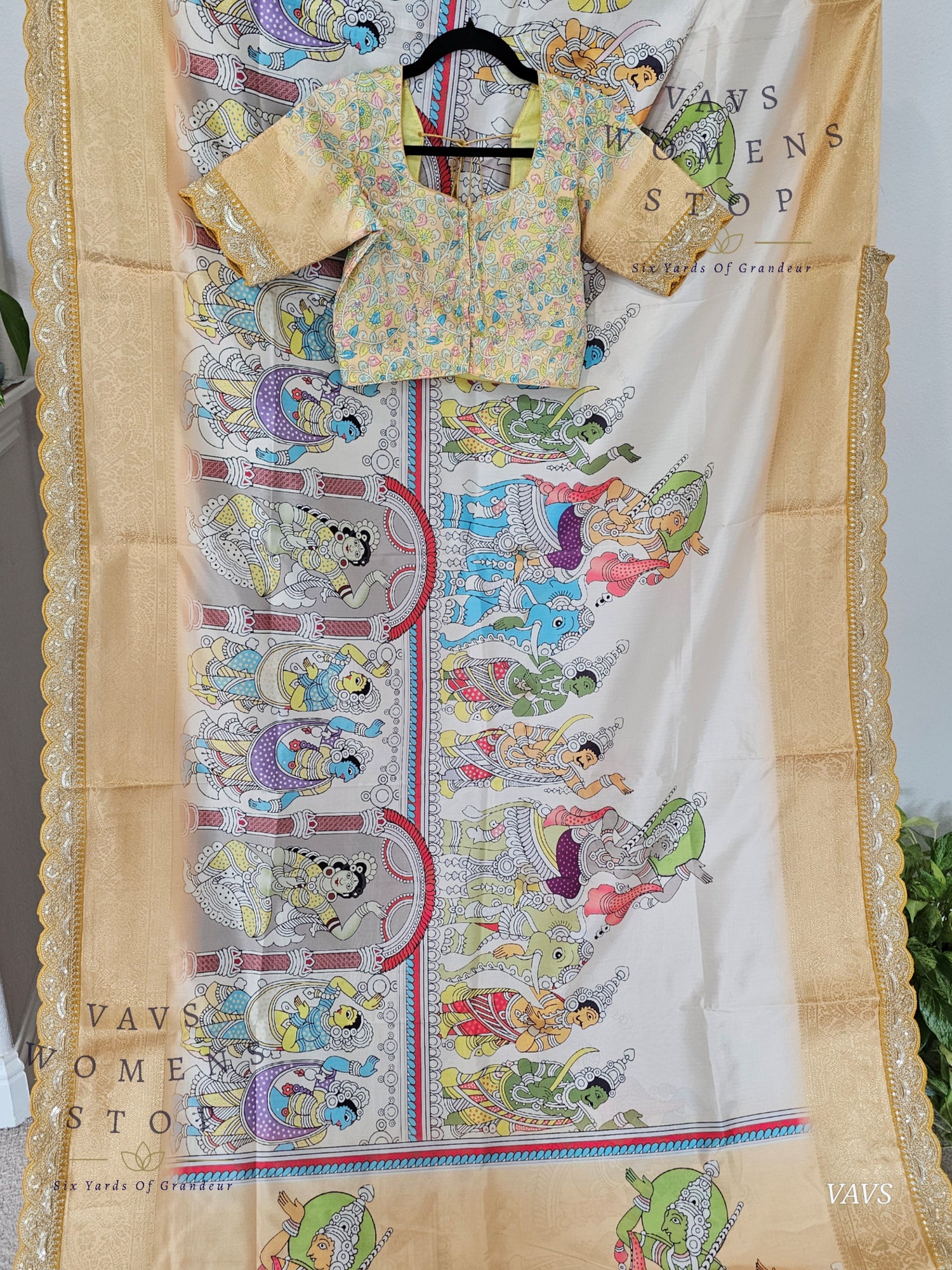 Semi Banarasi Silk Saree with Kalamkari Print & Attached Border – Elegant Designer Saree with Blouse | Festive & Party Wear