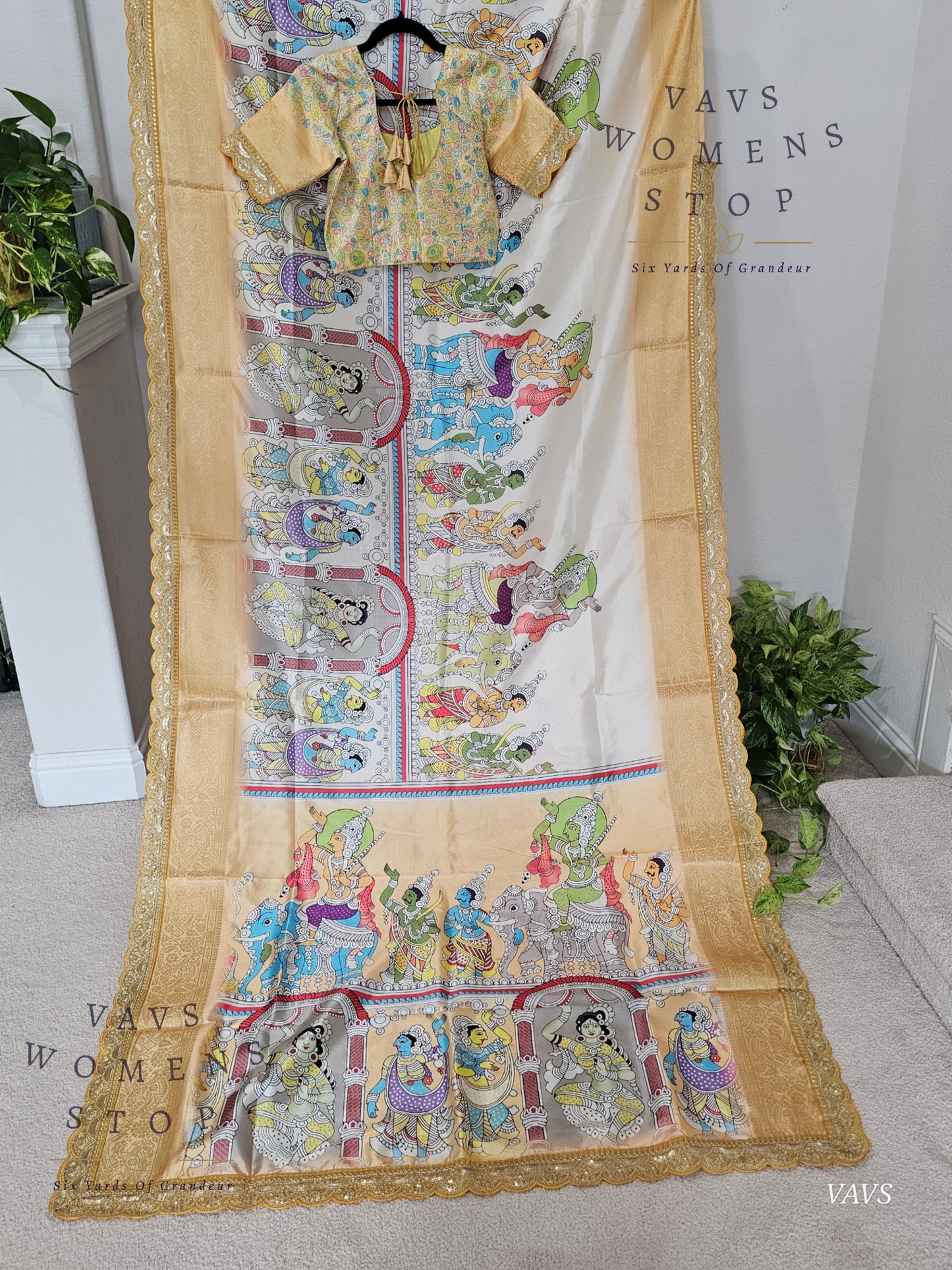 Semi Banarasi Silk Saree with Kalamkari Print & Attached Border – Elegant Designer Saree with Blouse | Festive & Party Wear