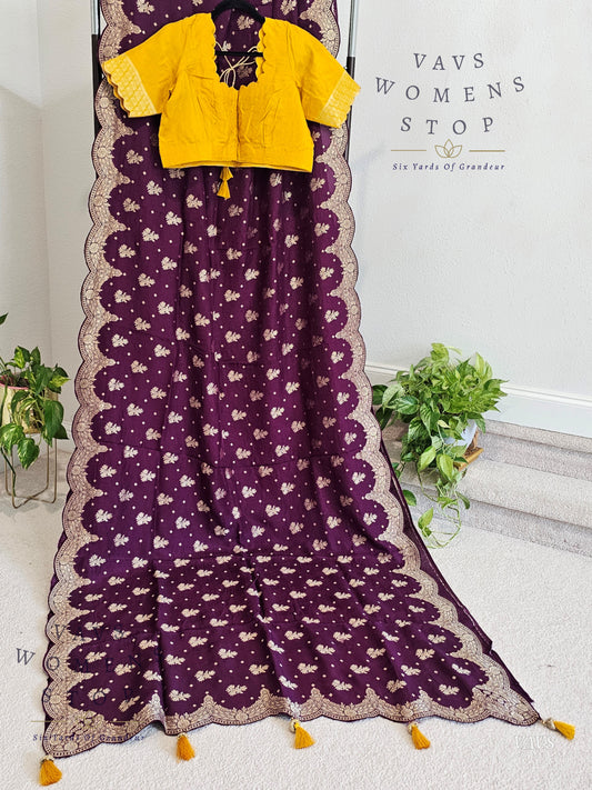 Scalloped Border All Over Butta Fancy Dola Silk Wine Purple Saree with Yellow Blouse – Elegant Party & Festive Wear
