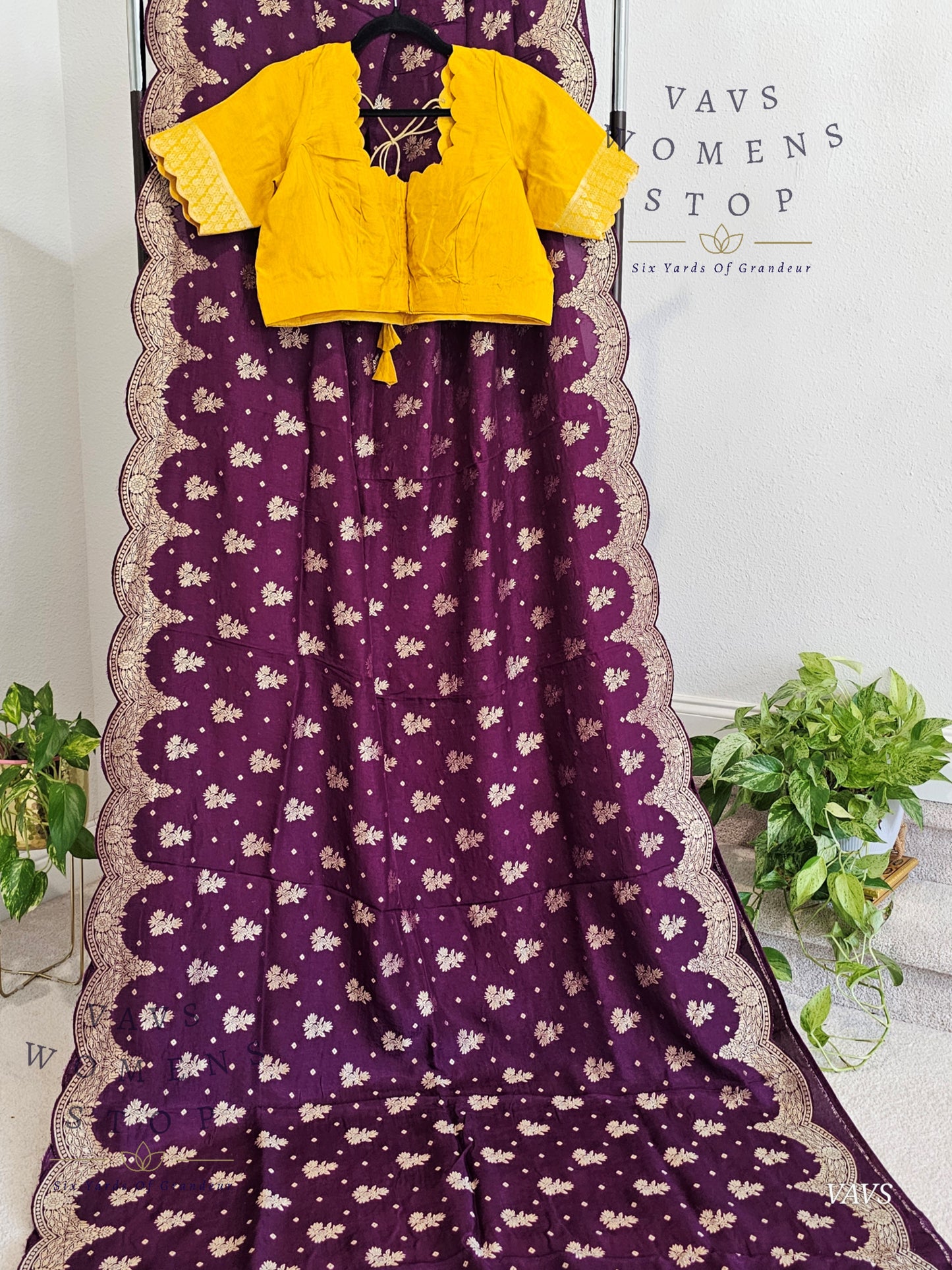 Scalloped Border All Over Butta Fancy Dola Silk Wine Purple Saree with Yellow Blouse – Elegant Party & Festive Wear