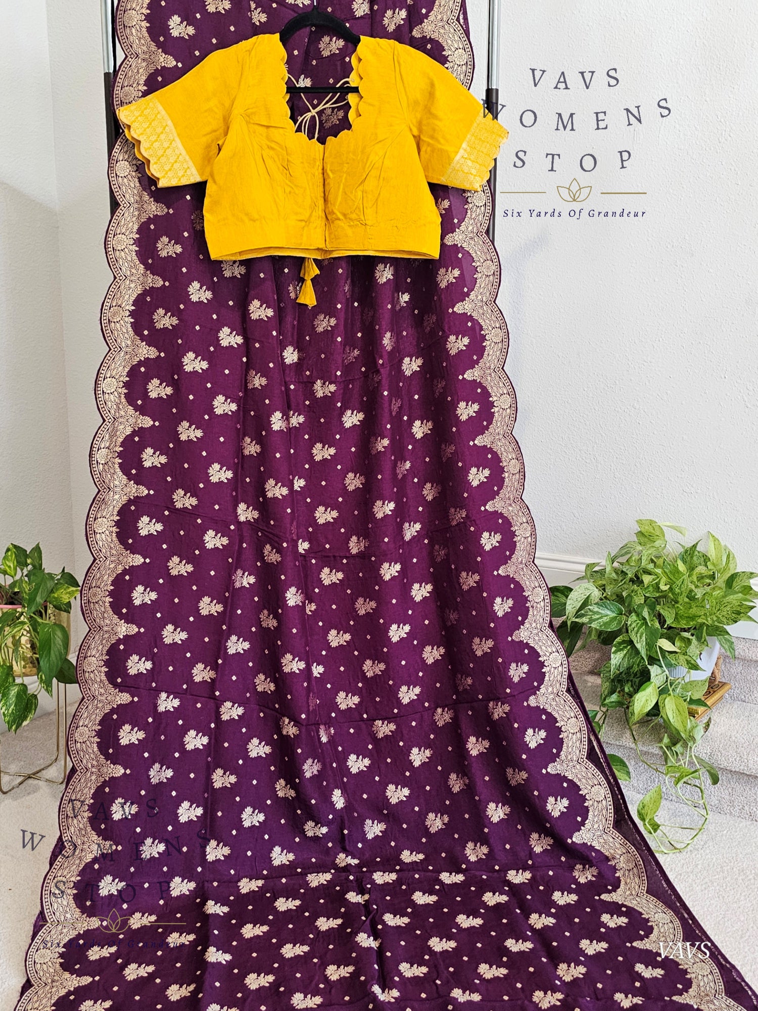 Scalloped Border All Over Butta Fancy Dola Silk Wine Purple Saree with Yellow Blouse – Elegant Party & Festive Wear