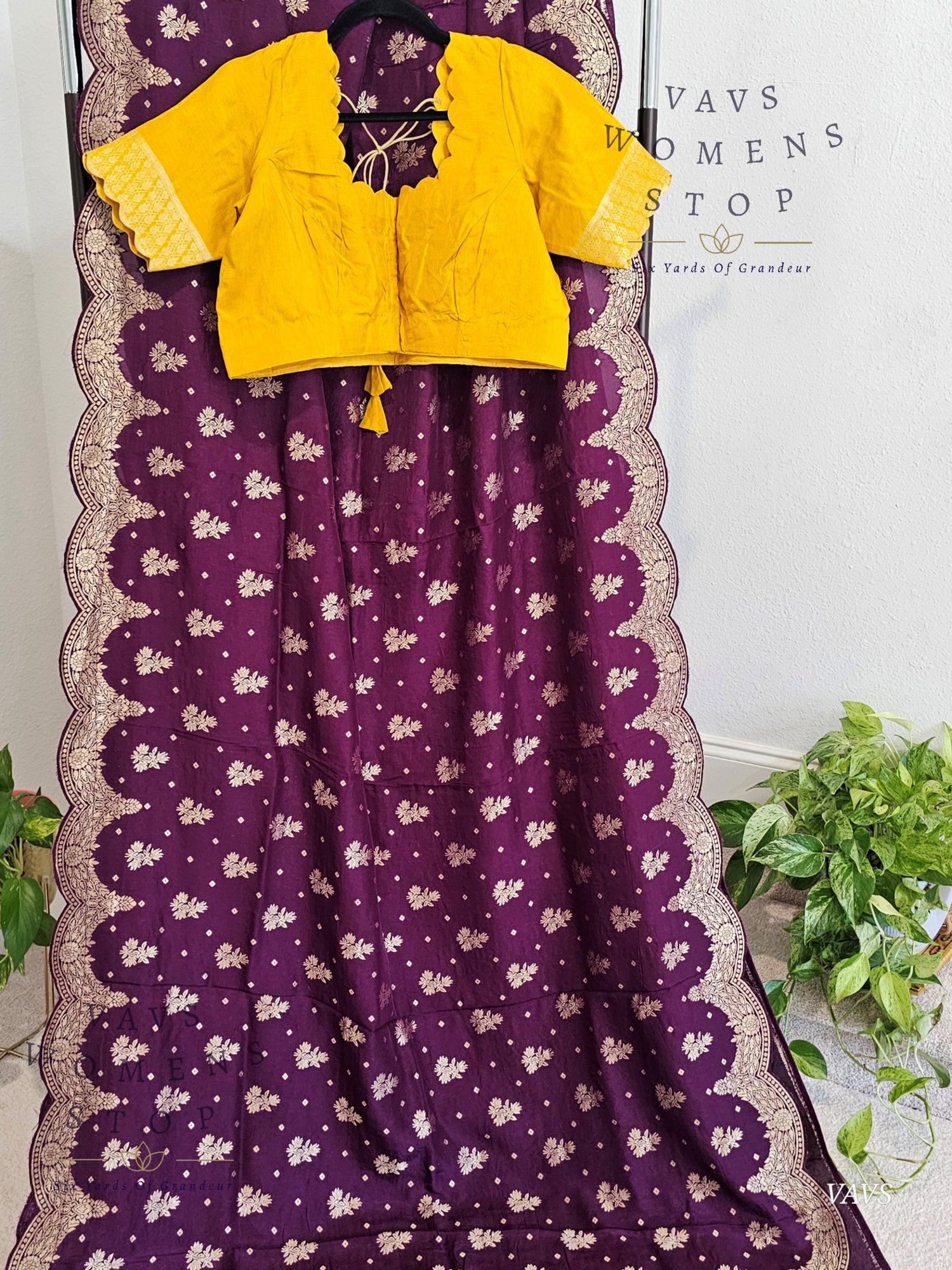 Scalloped Border All Over Butta Fancy Dola Silk Wine Purple Saree with Yellow Blouse – Elegant Party & Festive Wear