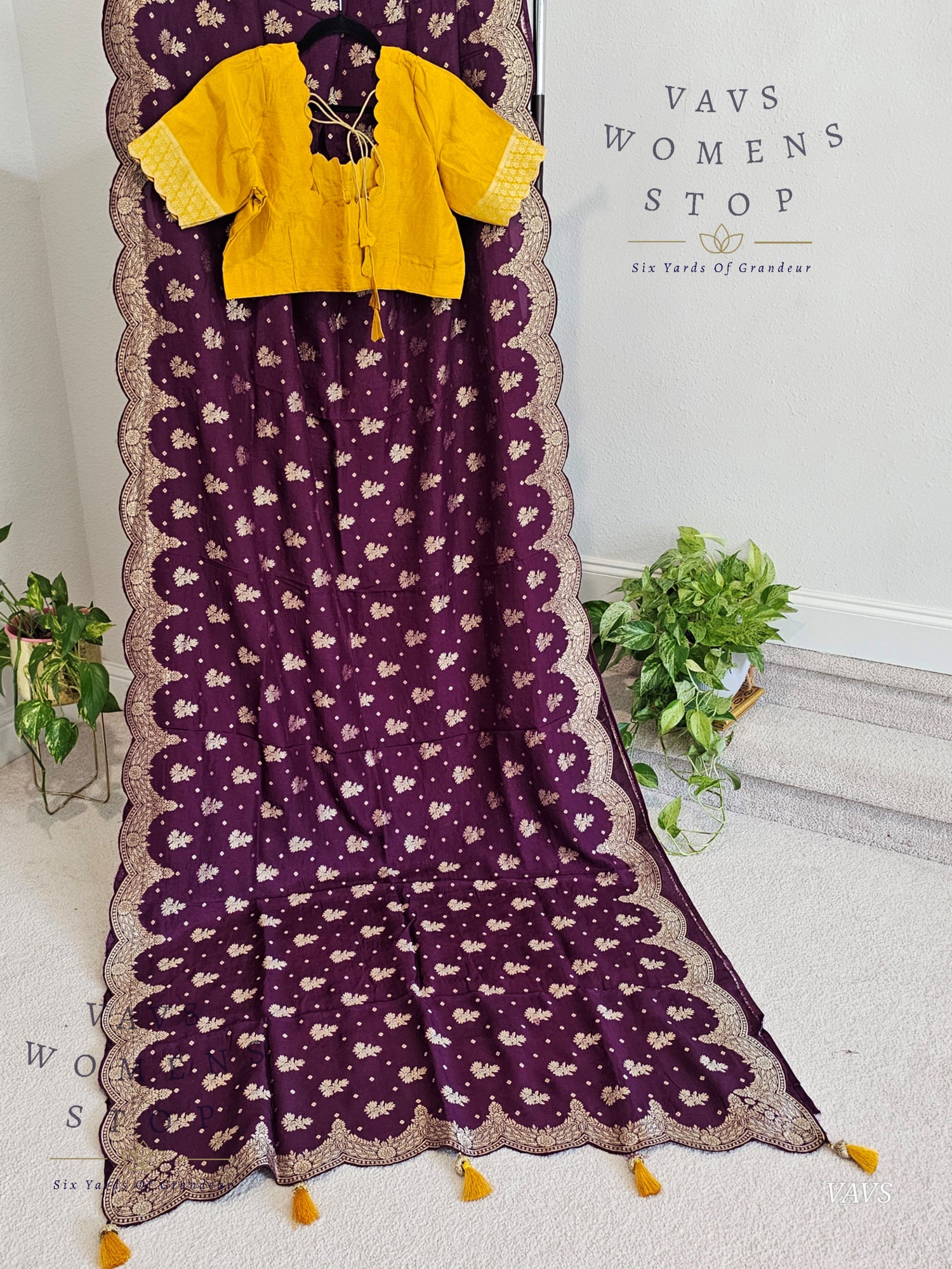 Scalloped Border All Over Butta Fancy Dola Silk Wine Purple Saree with Yellow Blouse – Elegant Party & Festive Wear
