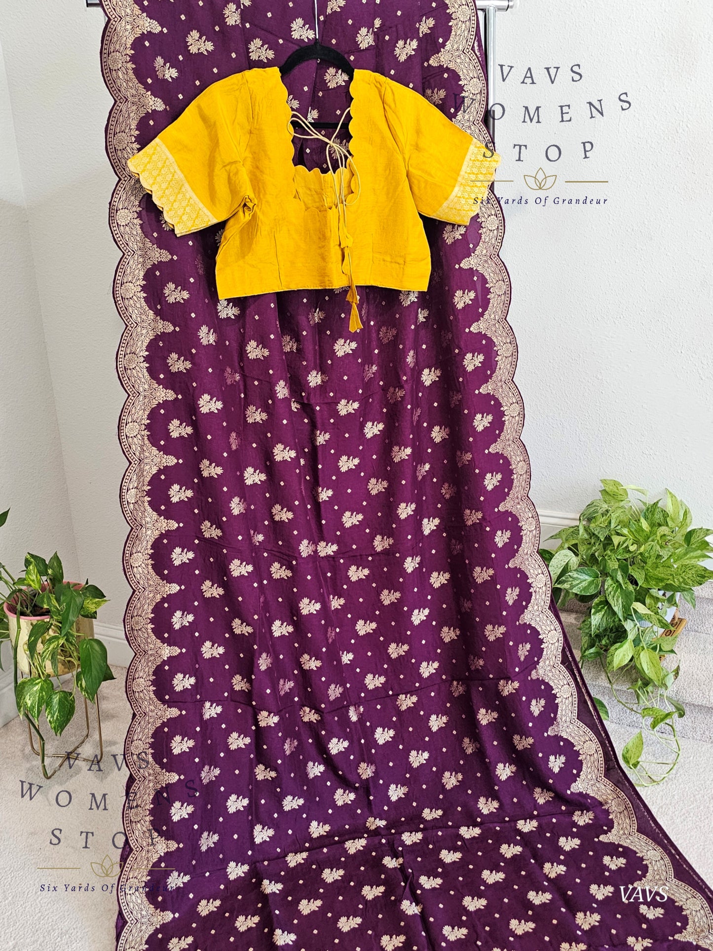 Scalloped Border All Over Butta Fancy Dola Silk Wine Purple Saree with Yellow Blouse – Elegant Party & Festive Wear