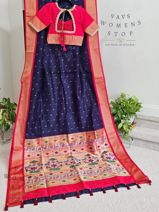 Semi Gadwal Paithani Border and Muniya Butta Silk Saree - Blouse