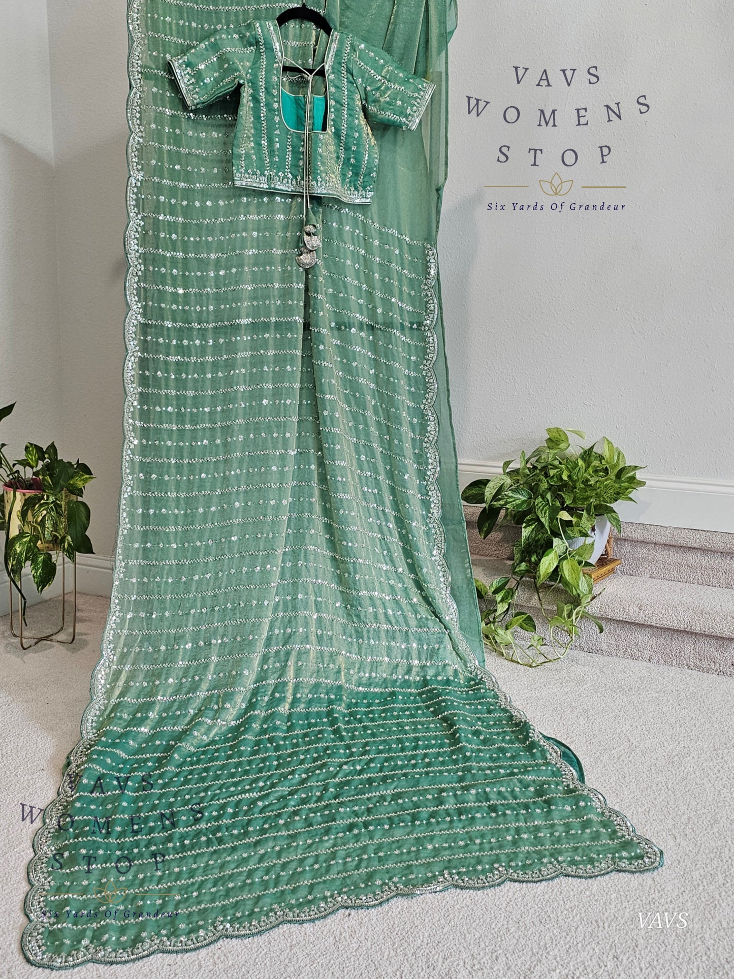 Sea Green Space Silk Designer Saree with Sequins Work & Blouse – Trending Cocktail & Party Wear
