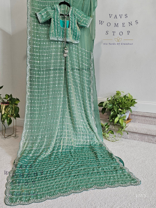 Sea Green Space Silk Designer Saree with Sequins Work & Blouse – Trending Cocktail & Party Wear