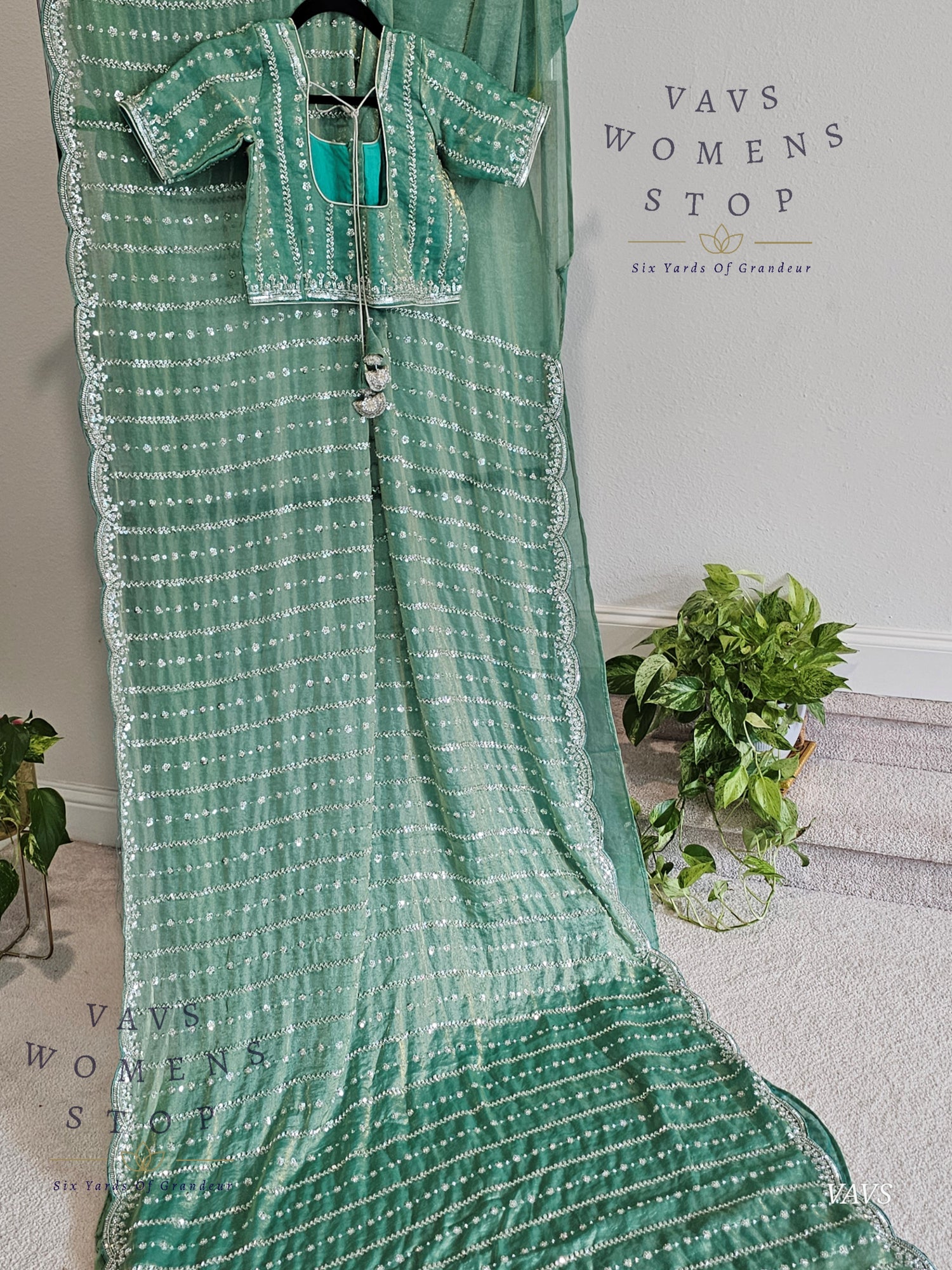 Sea Green Space Silk Designer Saree with Sequins Work & Blouse – Trending Cocktail & Party Wear