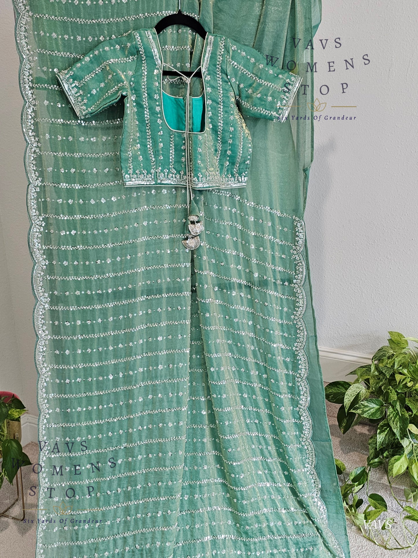 Sea Green Space Silk Designer Saree with Sequins Work & Blouse – Trending Cocktail & Party Wear