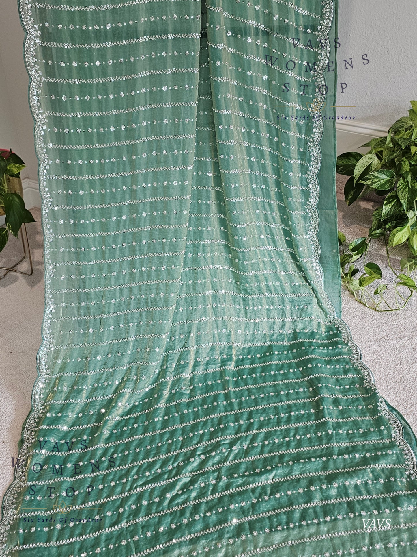 Sea Green Space Silk Designer Saree with Sequins Work & Blouse – Trending Cocktail & Party Wear