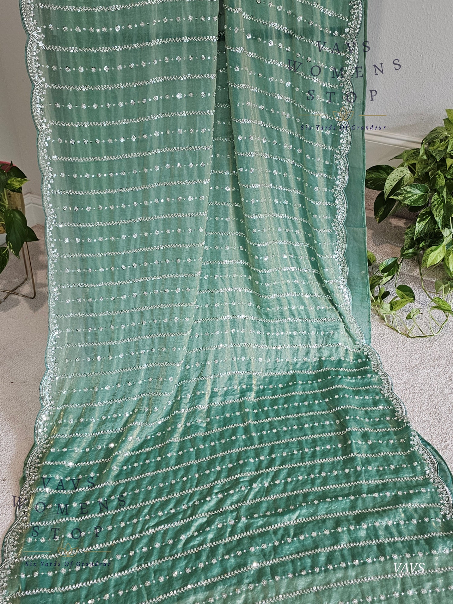 Sea Green Space Silk Designer Saree with Sequins Work & Blouse – Trending Cocktail & Party Wear