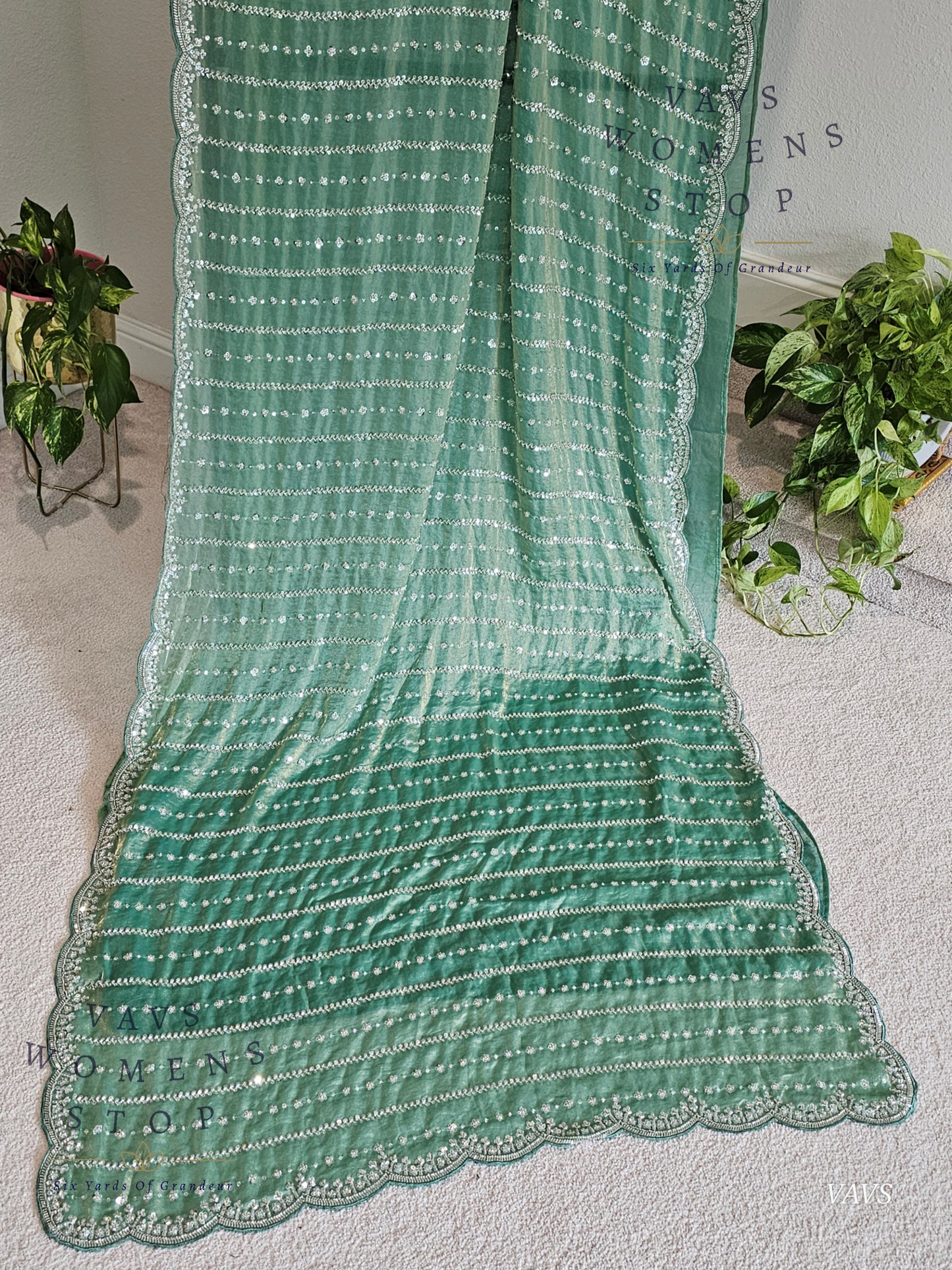 Sea Green Space Silk Designer Saree with Sequins Work & Blouse – Trending Cocktail & Party Wear