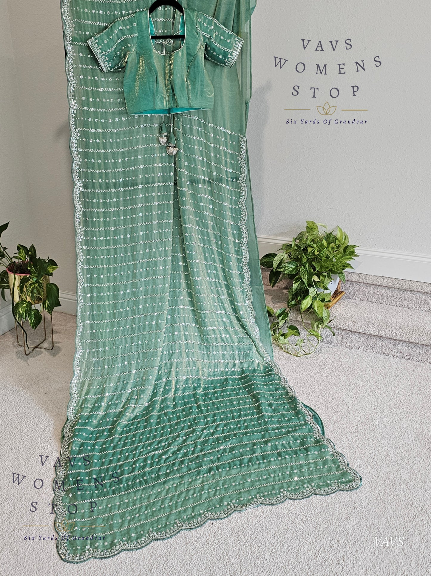 Sea Green Space Silk Designer Saree with Sequins Work & Blouse – Trending Cocktail & Party Wear