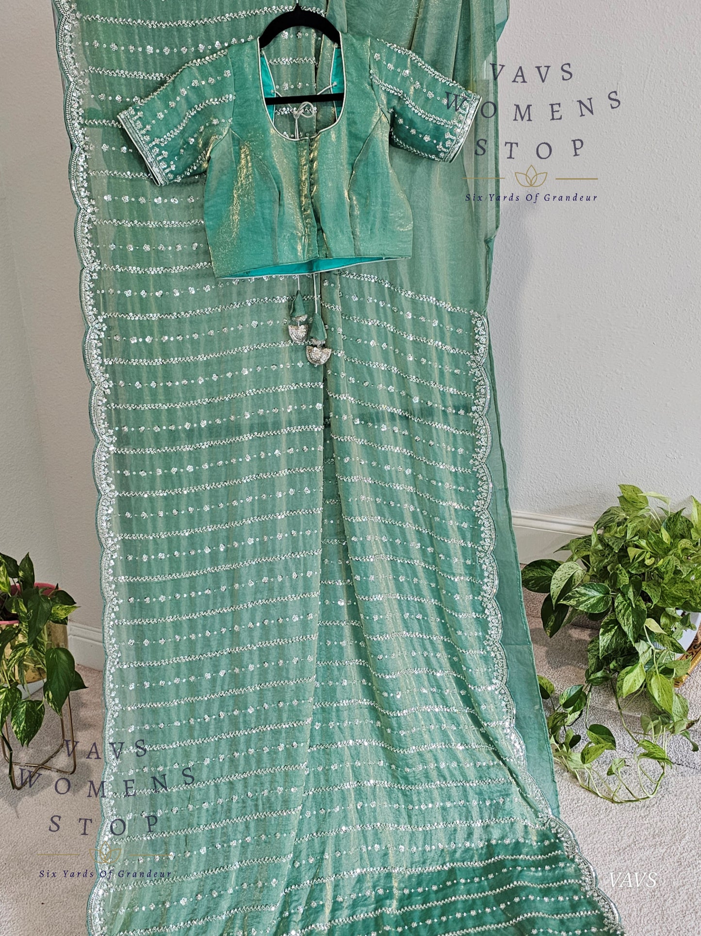 Sea Green Space Silk Designer Saree with Sequins Work & Blouse – Trending Cocktail & Party Wear