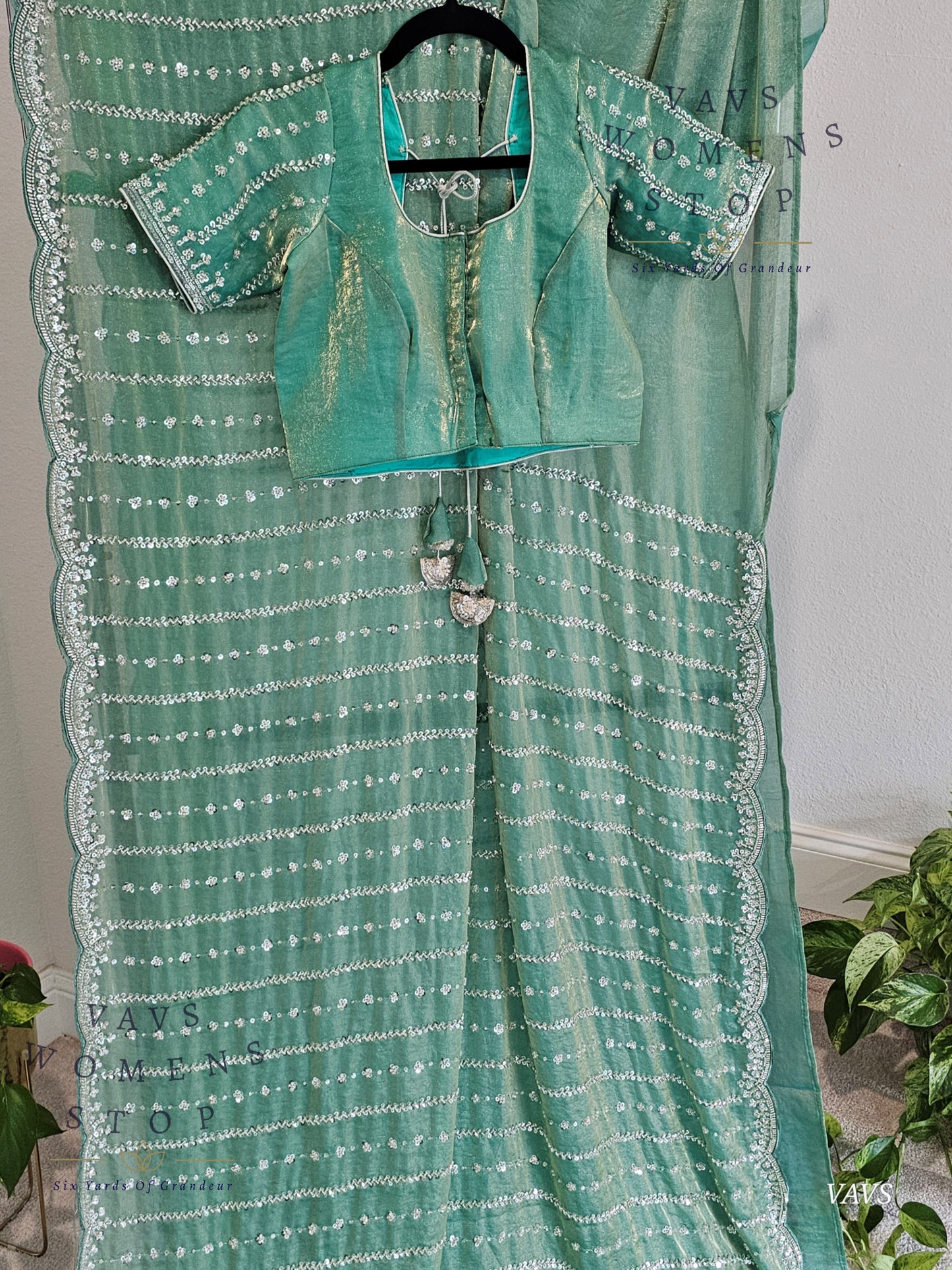 Sea Green Space Silk Designer Saree with Sequins Work & Blouse – Trending Cocktail & Party Wear