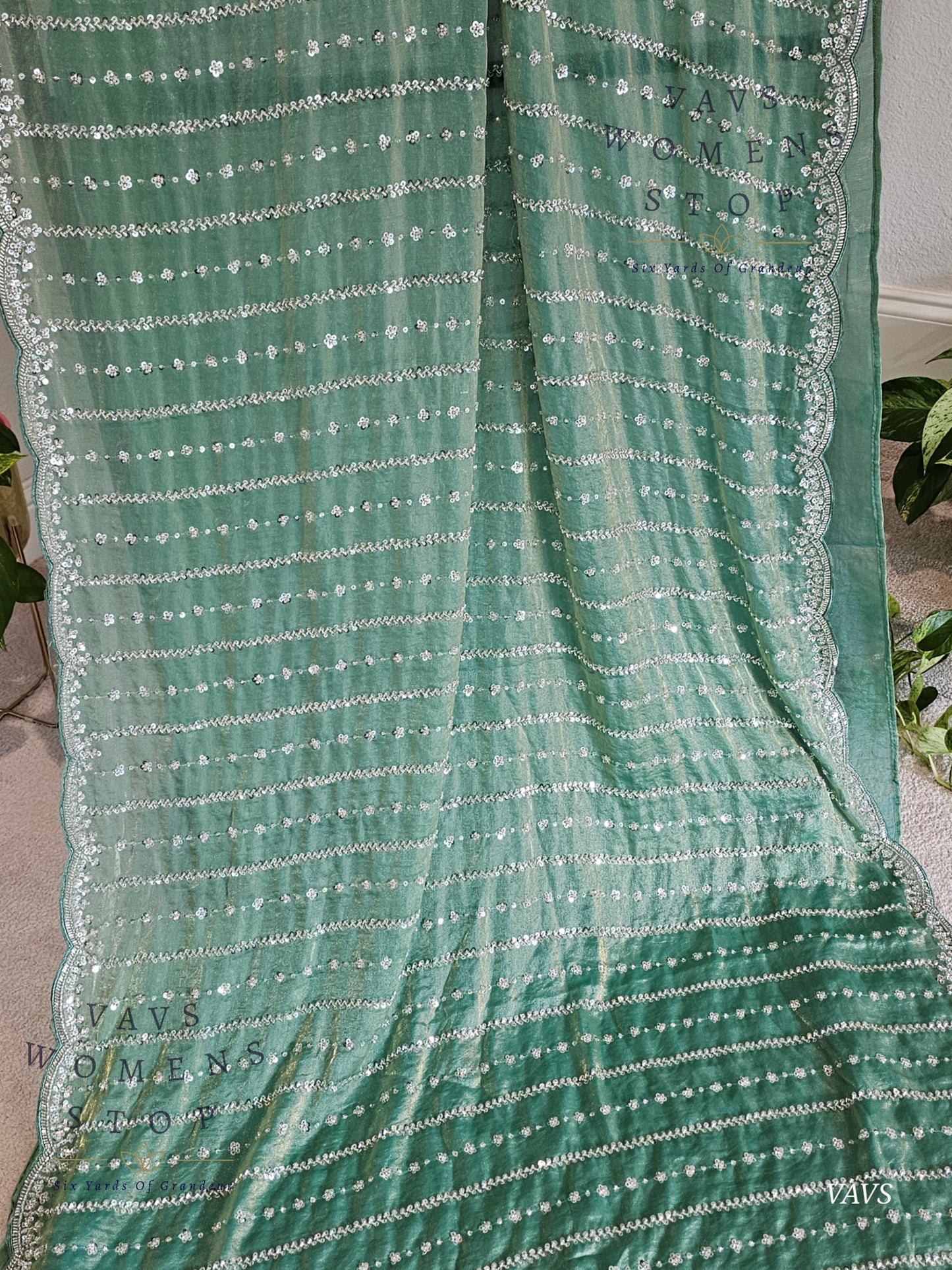 Sea Green Space Silk Designer Saree with Sequins Work & Blouse – Trending Cocktail & Party Wear