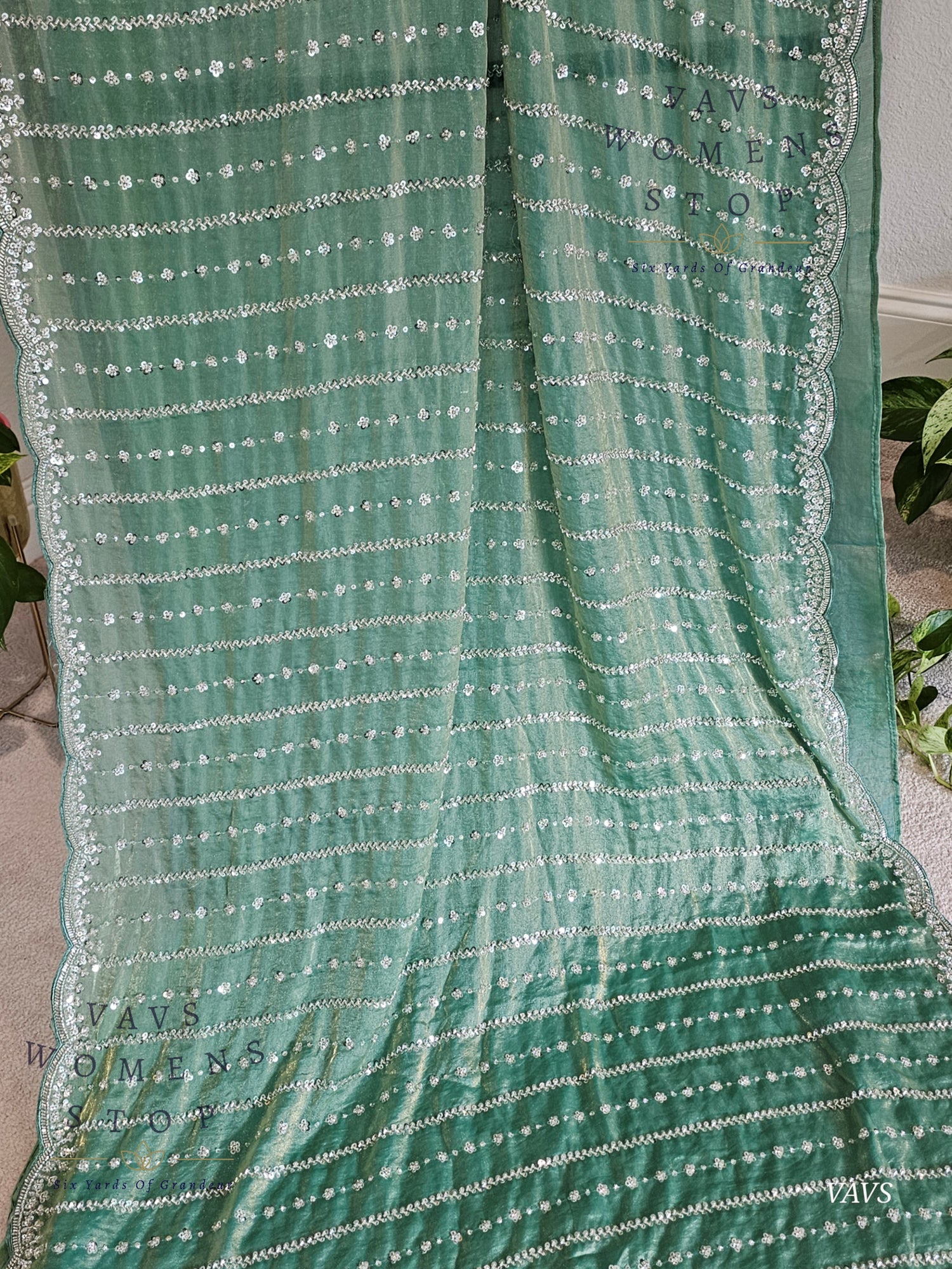 Sea Green Space Silk Designer Saree with Sequins Work & Blouse – Trending Cocktail & Party Wear