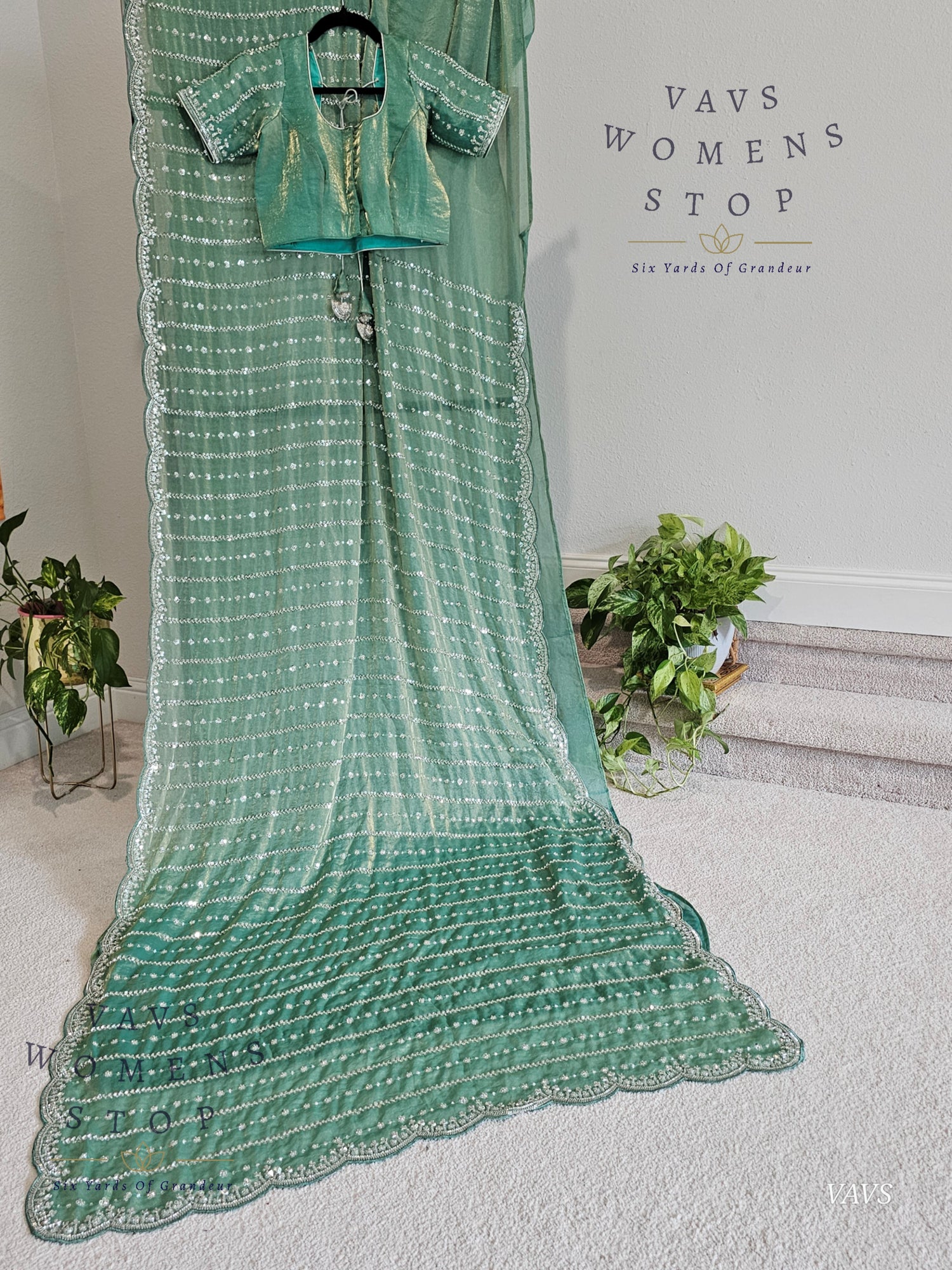 Sea Green Space Silk Designer Saree with Sequins Work & Blouse – Trending Cocktail & Party Wear