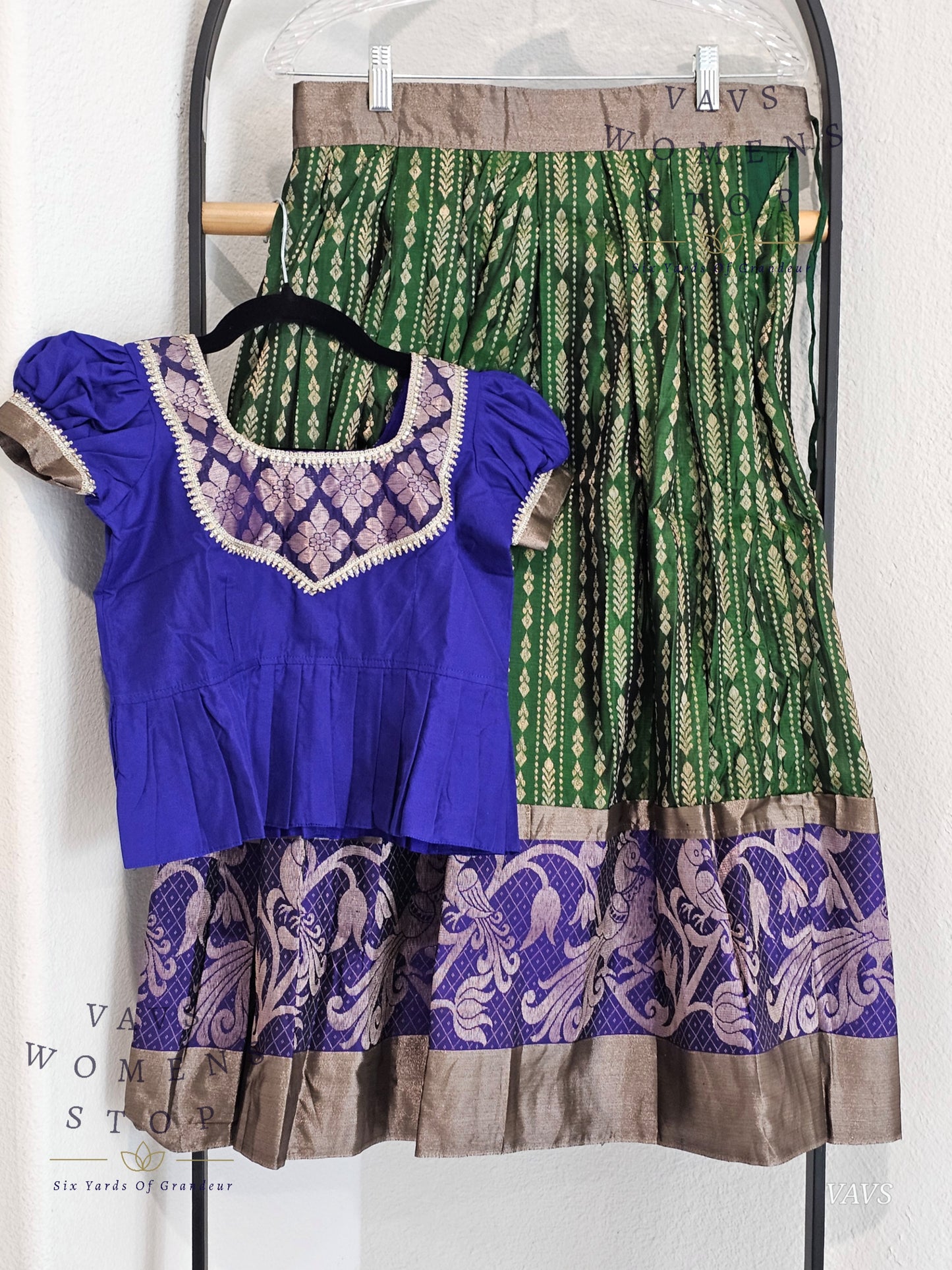 Shop beautiful Semi Kanchi Pattu Silk Lehenga Set for Girls, perfect traditional Pavadai for ages 7–8. Ideal for festivals, weddings, and special occasions. Ready to ship from the USA.