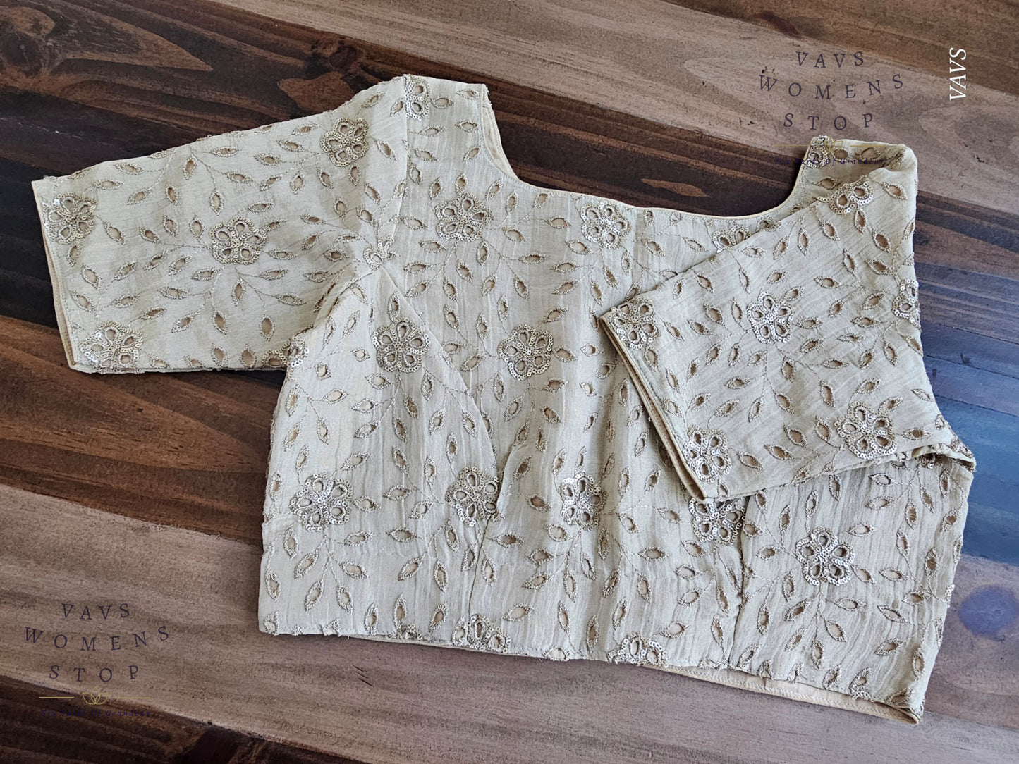 Shop elegant light gold tissue Hakoba cutwork blouse in size 38 extendable to 44. Perfect for sarees, lehengas, festive occasions & weddings. Ready to ship from USA.