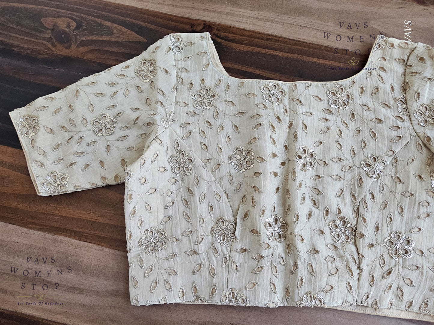 Shop elegant light gold tissue Hakoba cutwork blouse in size 38 extendable to 44. Perfect for sarees, lehengas, festive occasions & weddings. Ready to ship from USA.