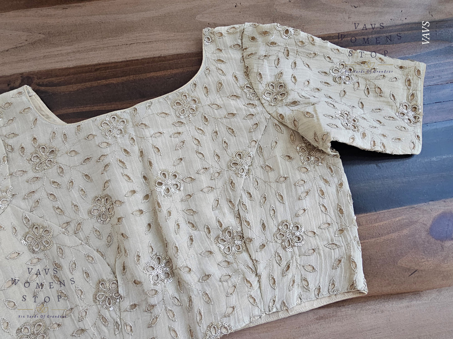 Shop elegant light gold tissue Hakoba cutwork blouse in size 38 extendable to 44. Perfect for sarees, lehengas, festive occasions & weddings. Ready to ship from USA.