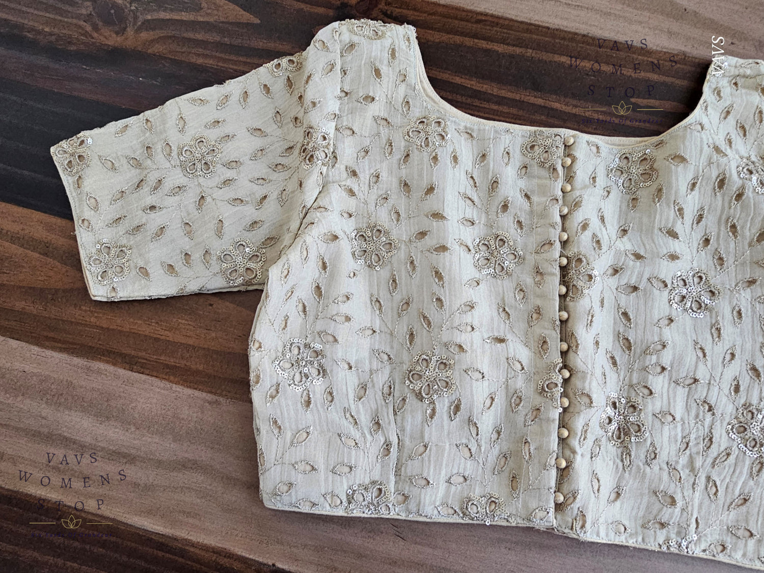 Shop elegant light gold tissue Hakoba cutwork blouse in size 38 extendable to 44. Perfect for sarees, lehengas, festive occasions & weddings. Ready to ship from USA.